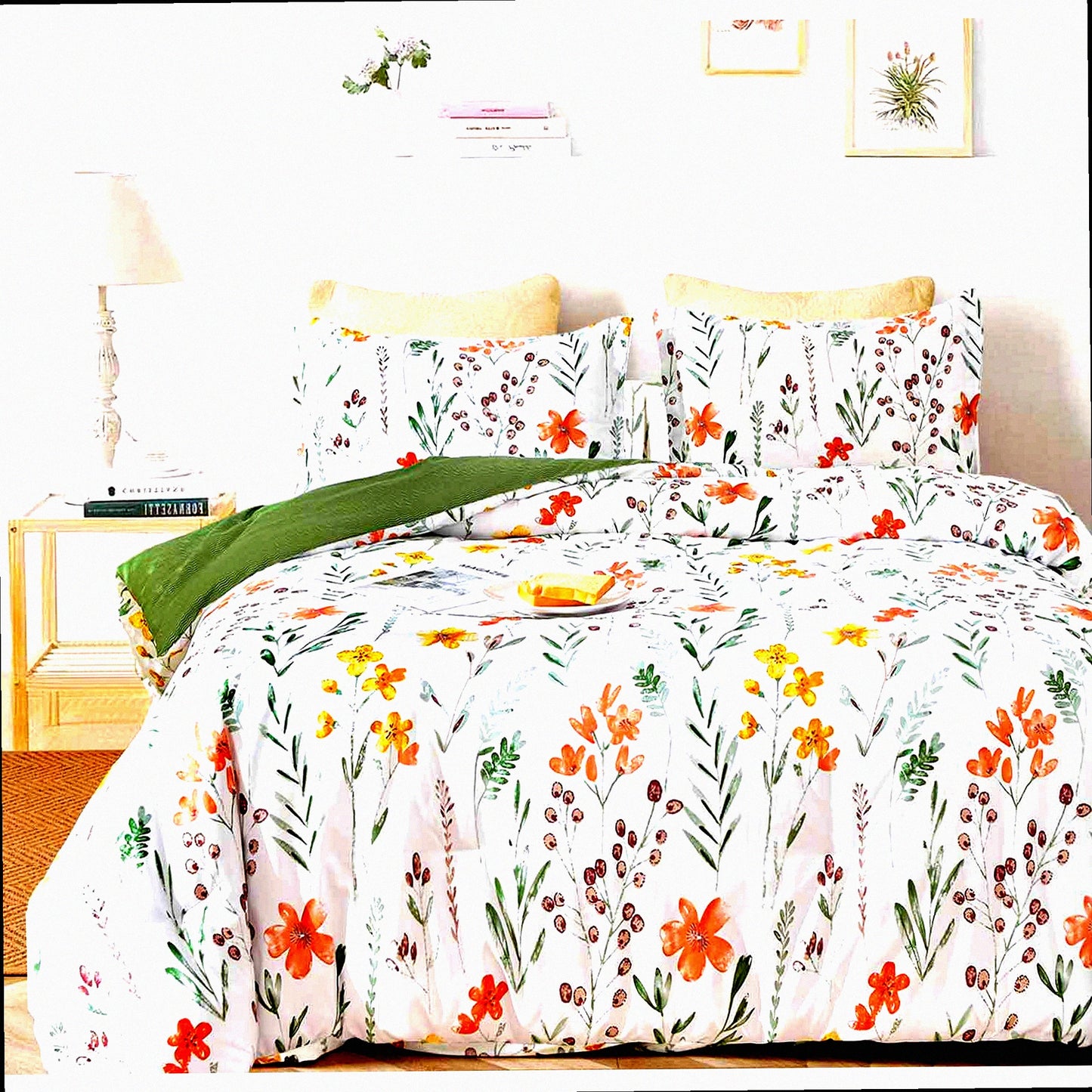 Floral Leaf Reversible Comforter Set - Vintage Farmhouse Bedding - Soft Microfiber Duvet - White Yellow Green Pattern Print - 3PC Bed Sets - 80 x 90 - Down Alternative - Bag for Women Men