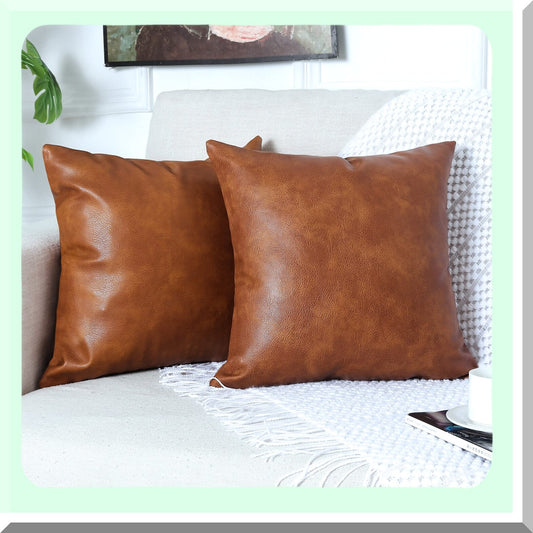 Luxury Leather Pillow Covers - Set of 2 Modern Decorative Cushion Cases for Farmhouse Sofa Couch Bed Car Outdoor - 16x16 inch Brown Square