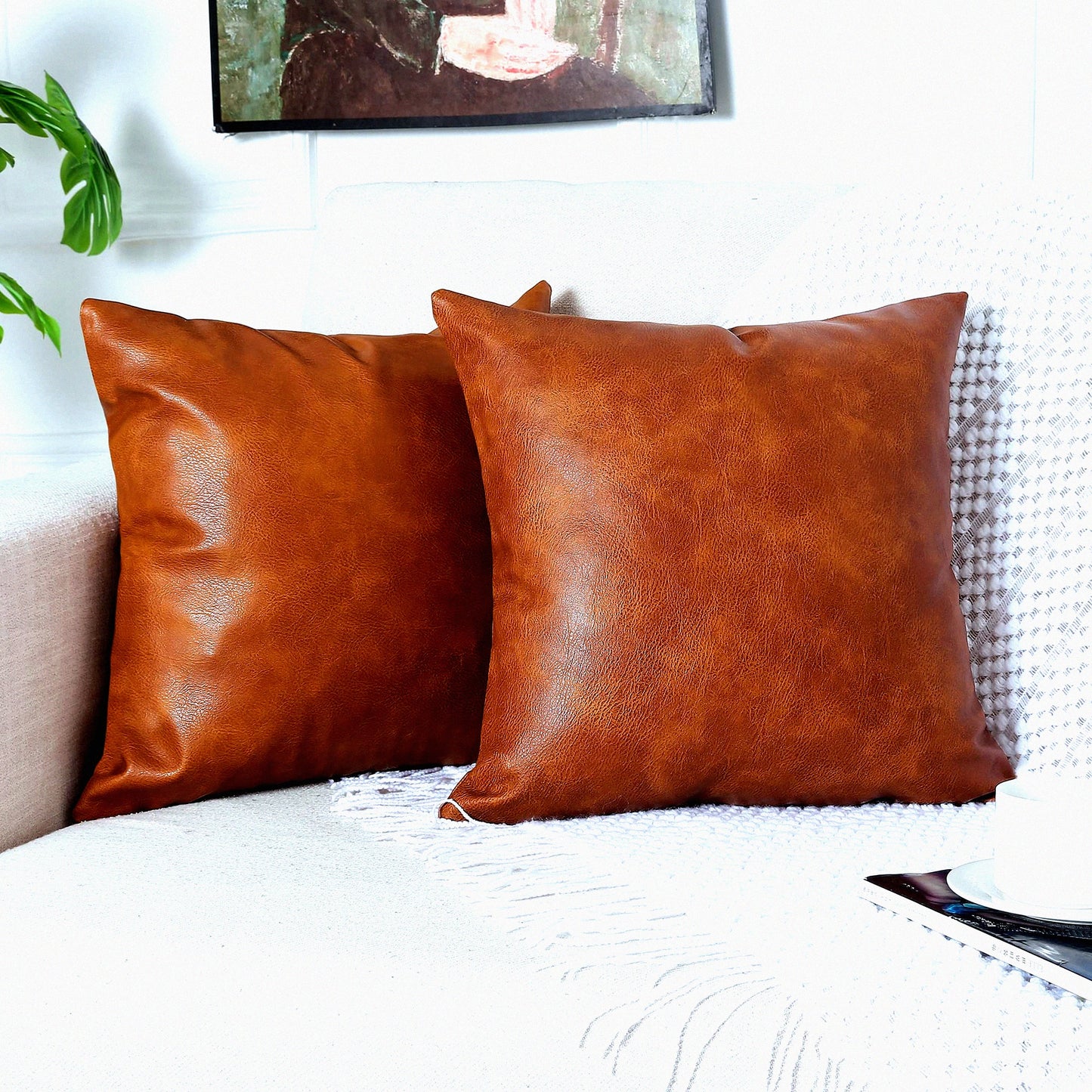 Luxury Leather Pillow Covers - Set of 2 Modern Decorative Cushion Cases for Farmhouse Sofa Couch Bed Car Outdoor - 16x16 inch Brown Square