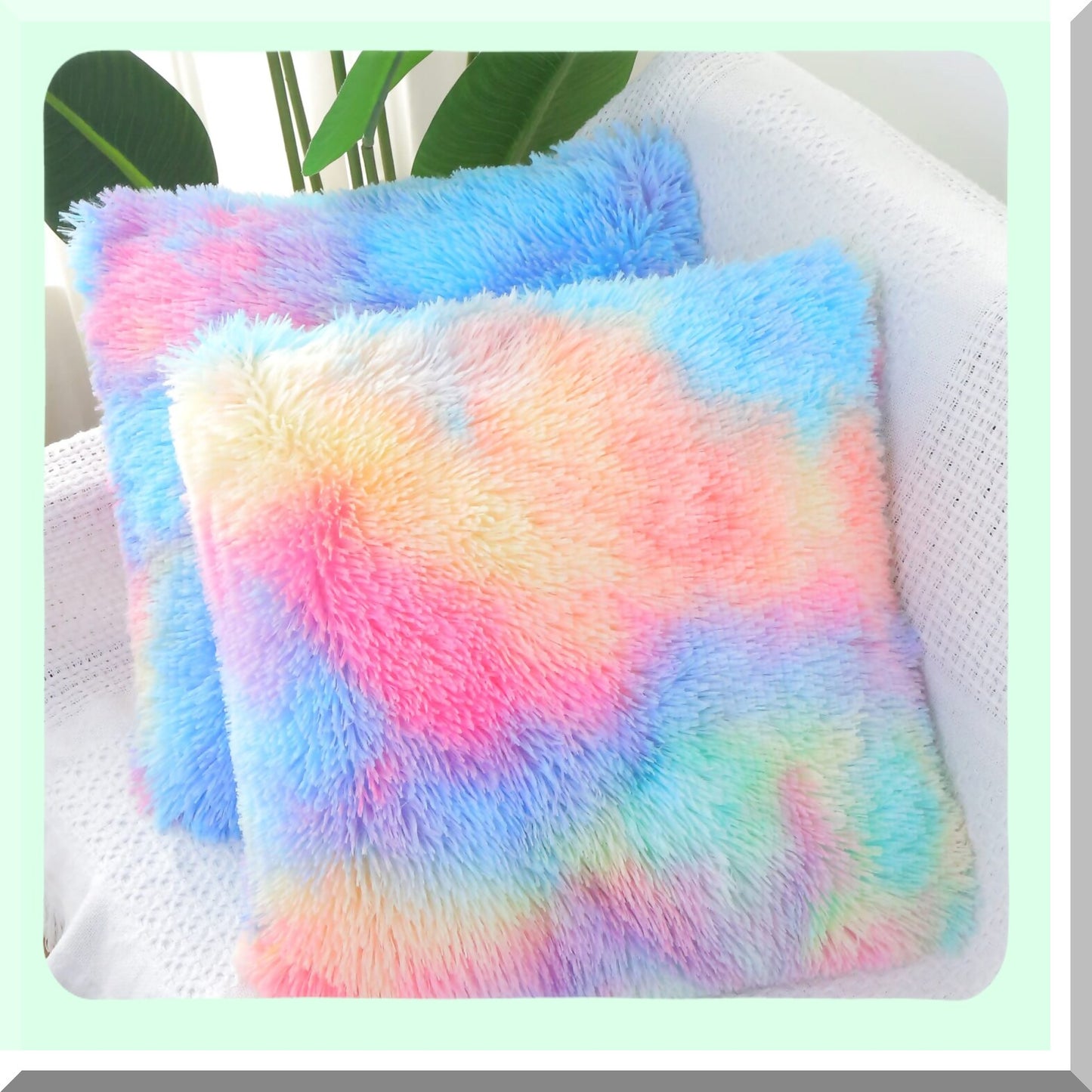 Rainbow Fluffy Pillow Set - Soft Throw Cushion Cover for Girl Room Decor - Cute Decorative Square Plush Sofa Pillows - 2pcs 24x24 Bedroom Couch Pillowcase