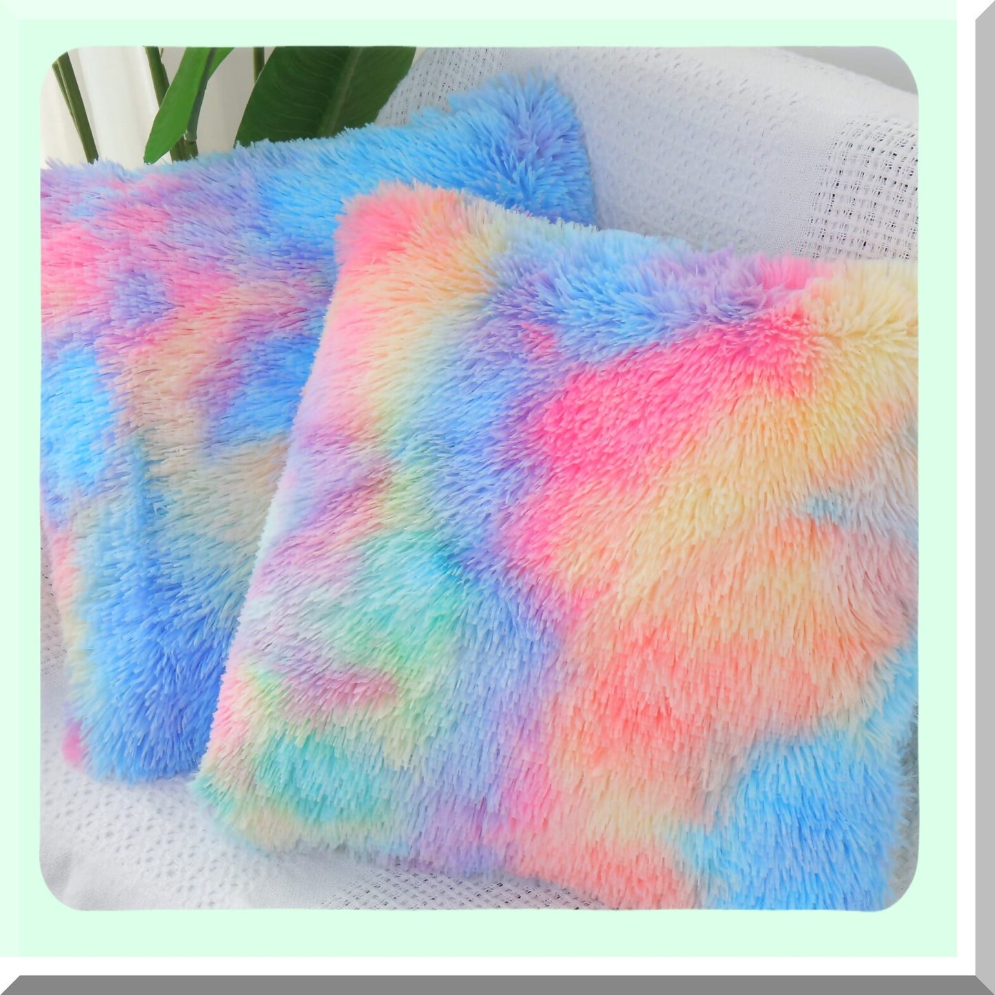 Rainbow Fluffy Pillow Set - Soft Throw Cushion Cover for Girl Room Decor - Cute Decorative Square Plush Sofa Pillows - 2pcs 24x24 Bedroom Couch Pillowcase