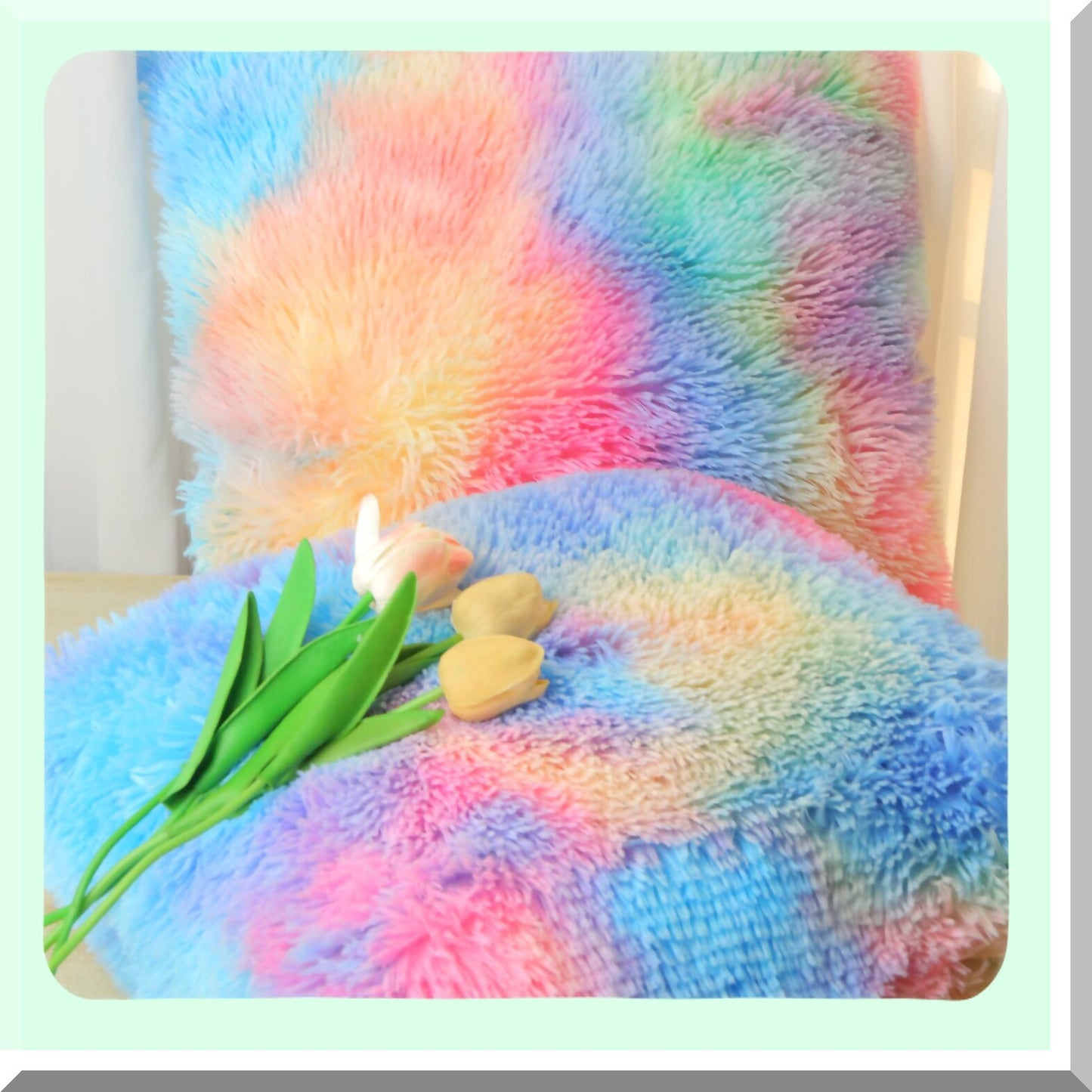 Rainbow Fluffy Pillow Set - Soft Throw Cushion Cover for Girl Room Decor - Cute Decorative Square Plush Sofa Pillows - 2pcs 24x24 Bedroom Couch Pillowcase