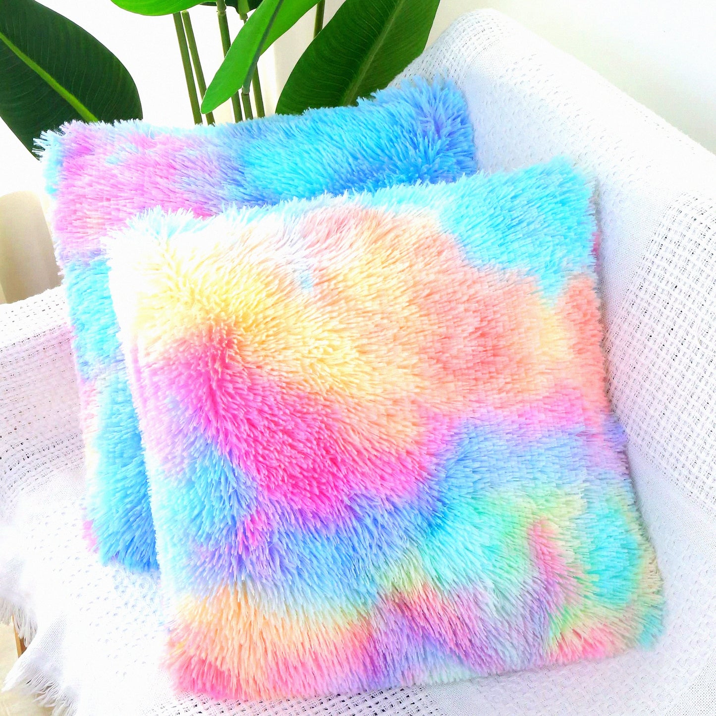Rainbow Fluffy Pillow Set - Soft Throw Cushion Cover for Girl Room Decor - Cute Decorative Square Plush Sofa Pillows - 2pcs 24x24 Bedroom Couch Pillowcase
