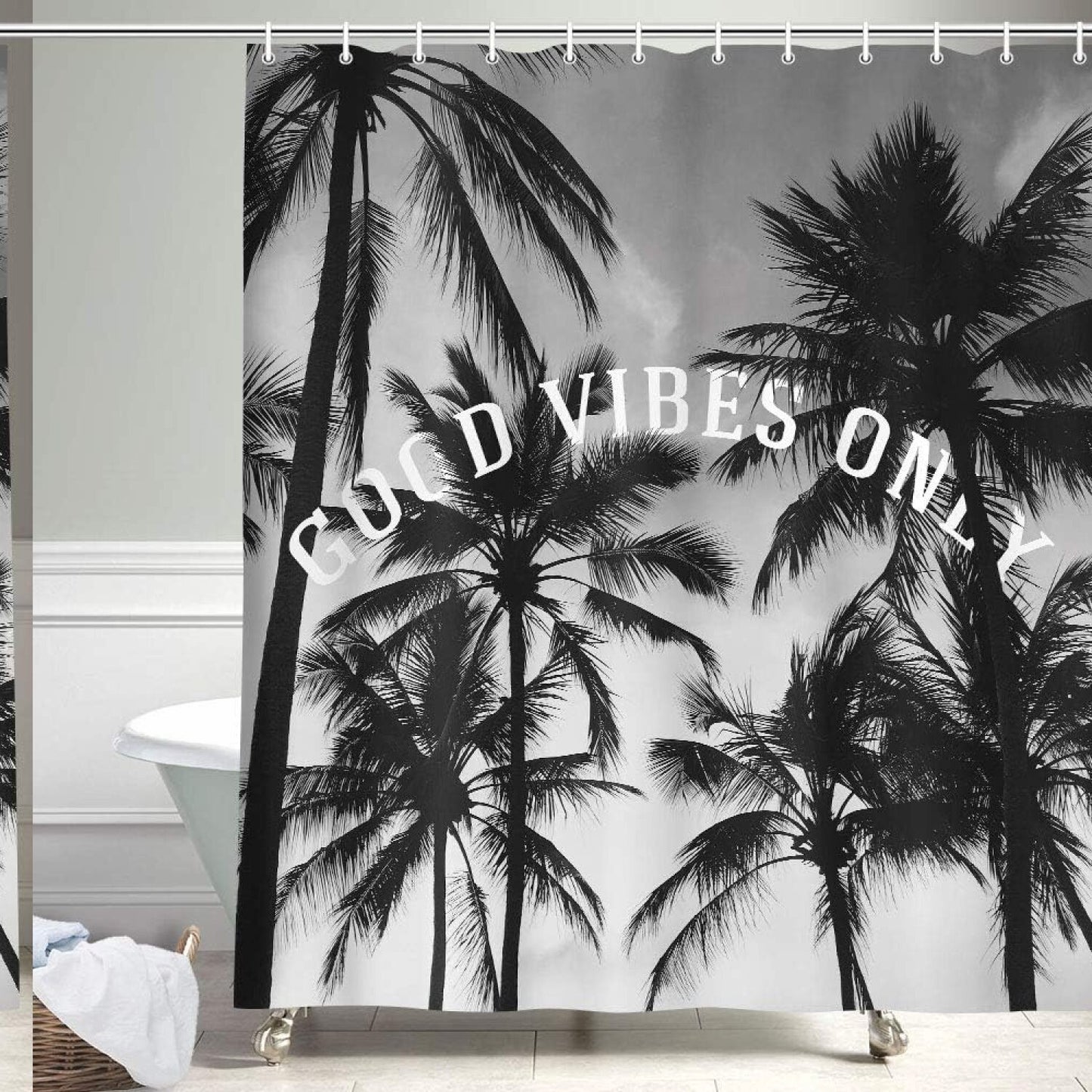 Palm Tree Shower Curtain 72x72 Black White Gray Fabric