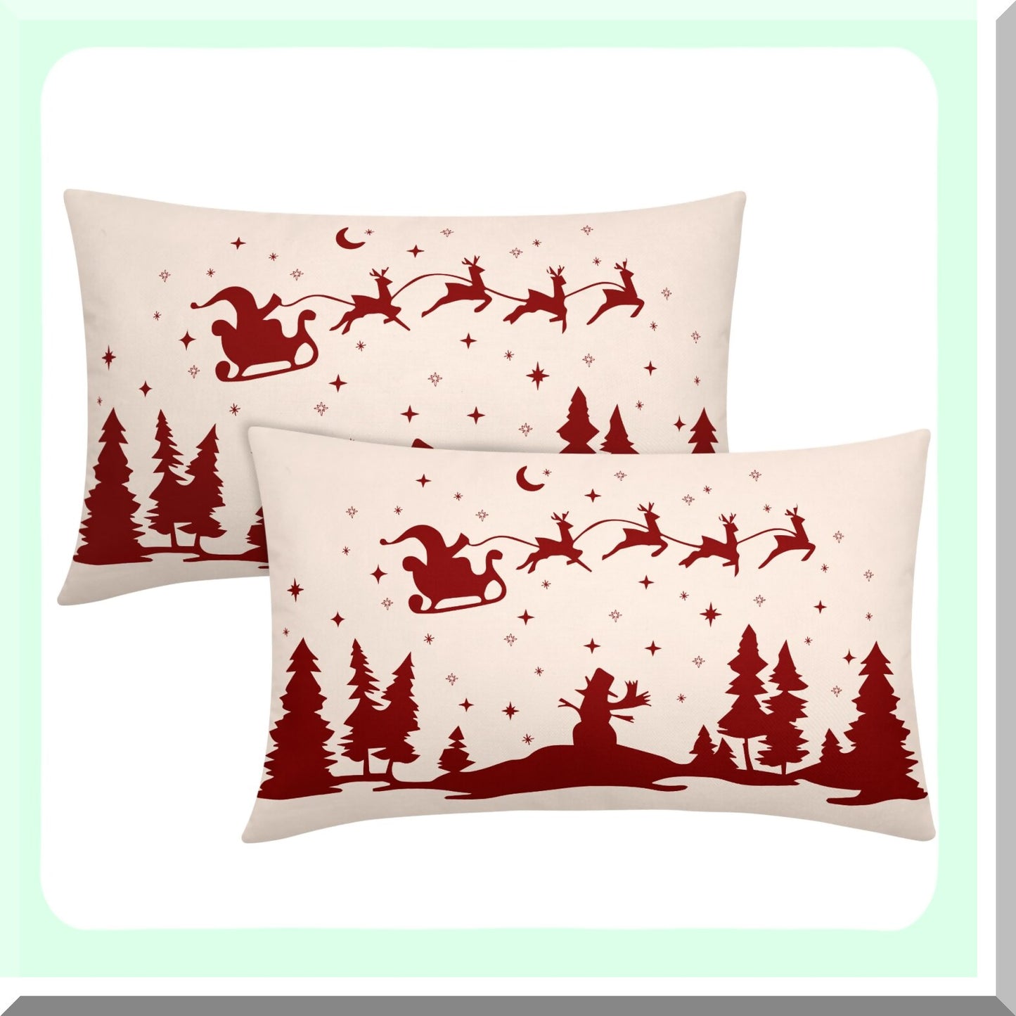 Winter Wonderland Lumbar Pillow Covers - Set of 2 Snowy Forest Decorative Rectangle Cases for Couch & Outdoor. Xmas Tree & Snowman Design, 12X20 Inch Cotton Linen Throw Pillows.