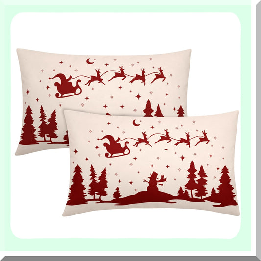 Winter Wonderland Lumbar Pillow Covers - Set of 2 Snowy Forest Decorative Rectangle Cases for Couch & Outdoor. Xmas Tree & Snowman Design, 12X20 Inch Cotton Linen Throw Pillows.