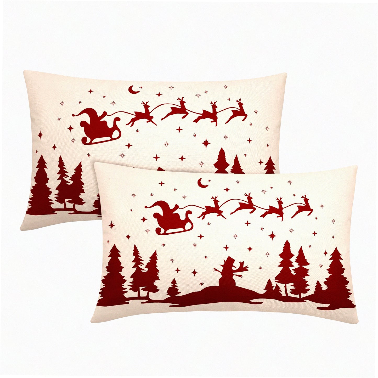 Winter Wonderland Lumbar Pillow Covers - Set of 2 Snowy Forest Decorative Rectangle Cases for Couch & Outdoor. Xmas Tree & Snowman Design, 12X20 Inch Cotton Linen Throw Pillows.