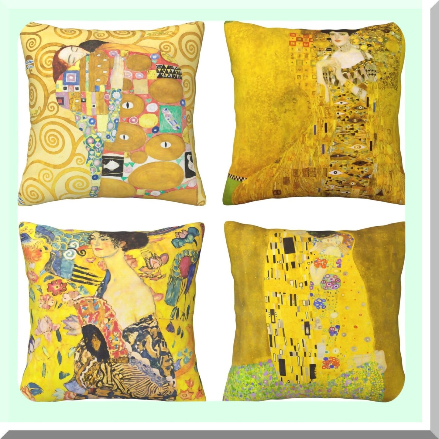 Golden Kiss Pillowcase Collection - Set of 4 Square Decorative Cushion Covers for Sofa, Couch, Bed - 18x18 Inch Gustav Klimt Painting Theme