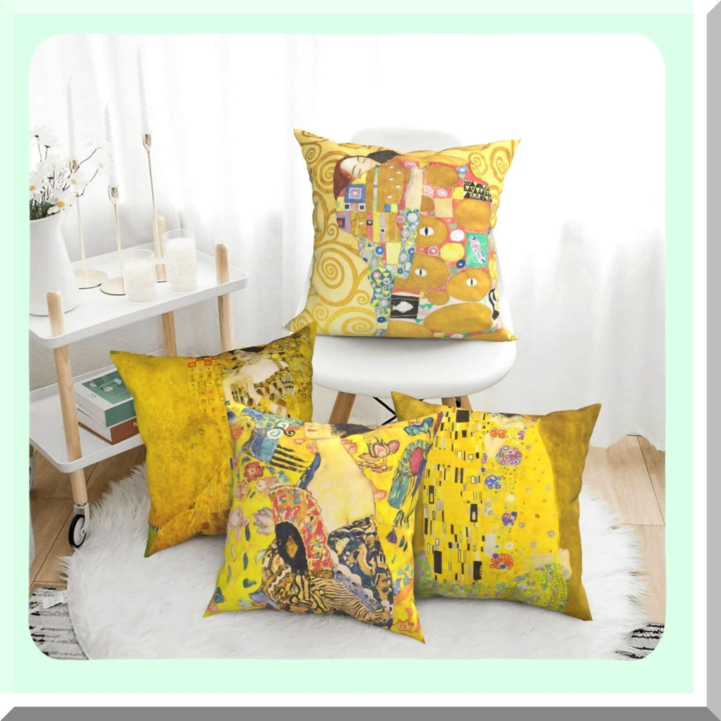 Golden Kiss Pillowcase Collection - Set of 4 Square Decorative Cushion Covers for Sofa, Couch, Bed - 18x18 Inch Gustav Klimt Painting Theme