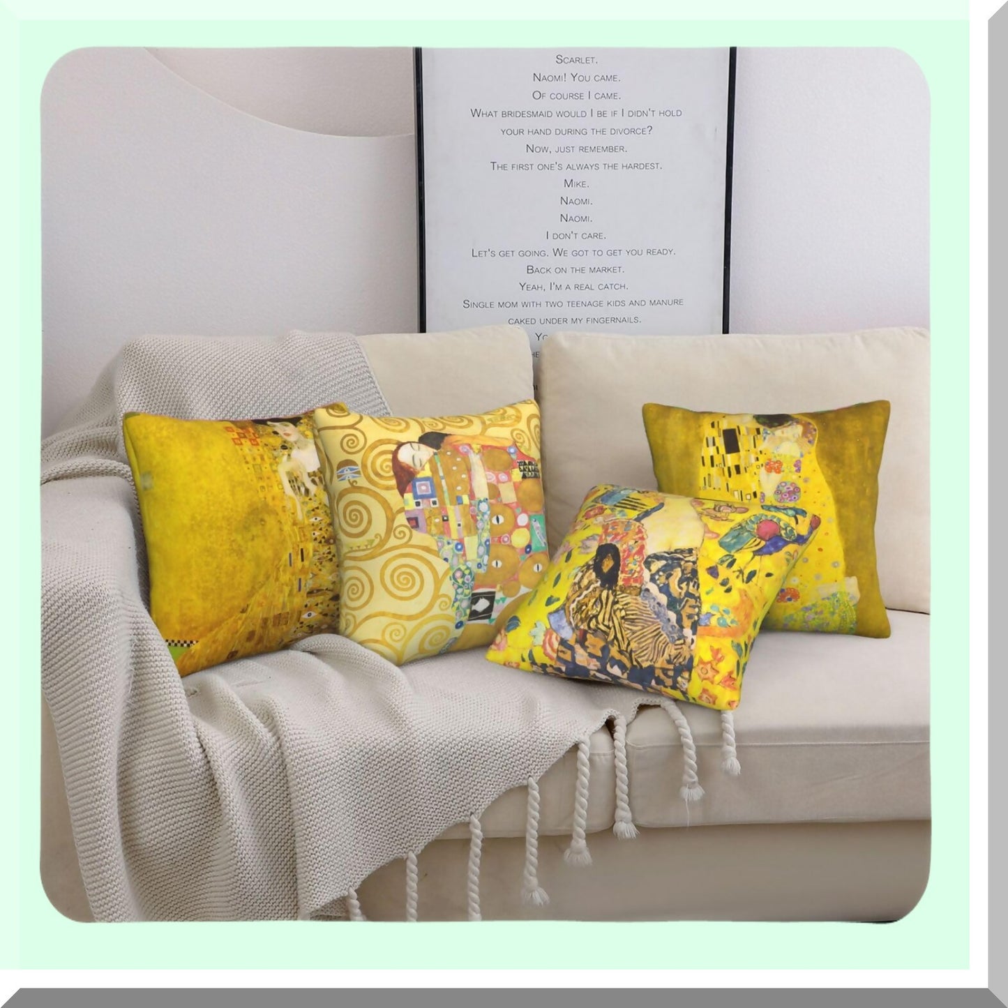 Golden Kiss Pillowcase Collection - Set of 4 Square Decorative Cushion Covers for Sofa, Couch, Bed - 18x18 Inch Gustav Klimt Painting Theme