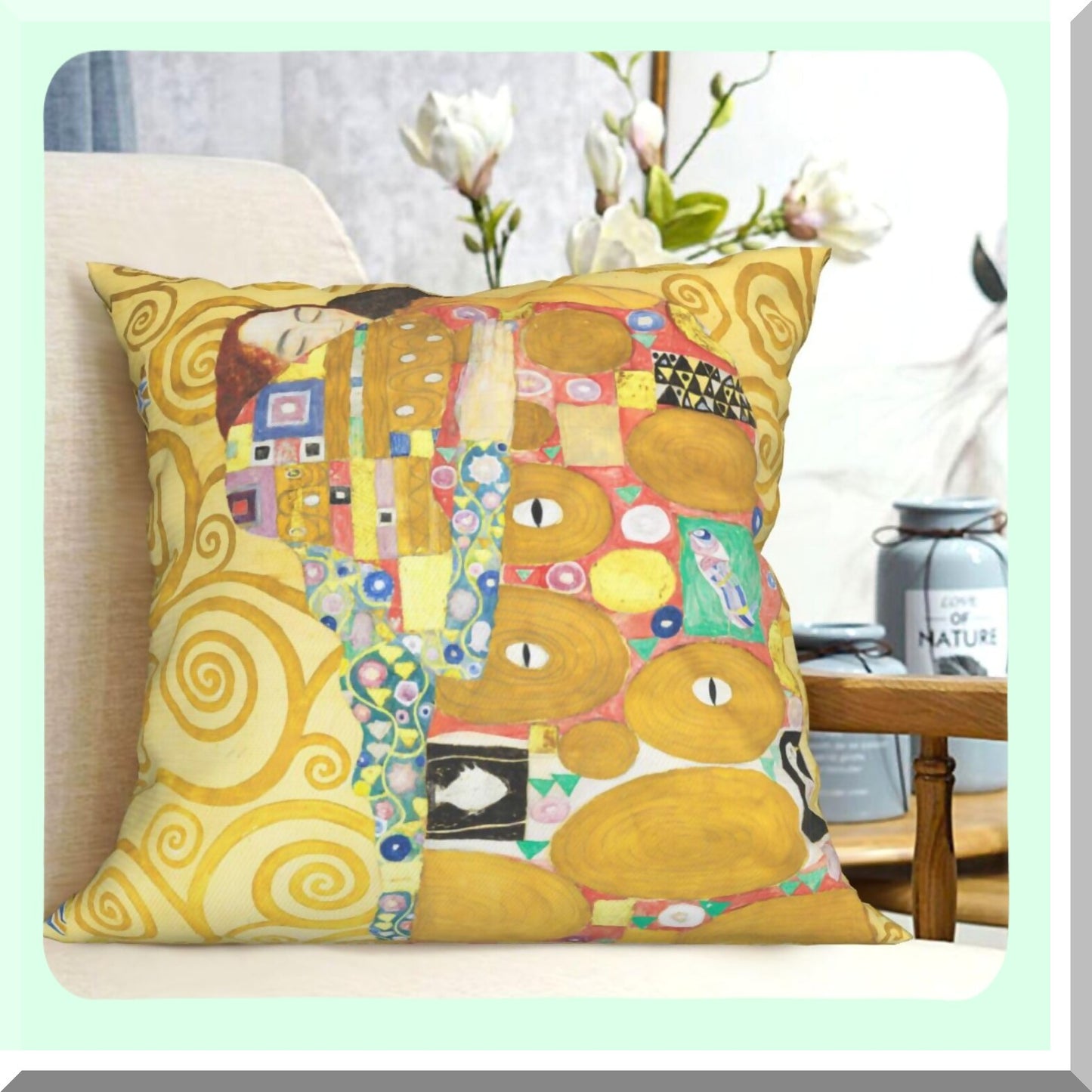 Golden Kiss Pillowcase Collection - Set of 4 Square Decorative Cushion Covers for Sofa, Couch, Bed - 18x18 Inch Gustav Klimt Painting Theme