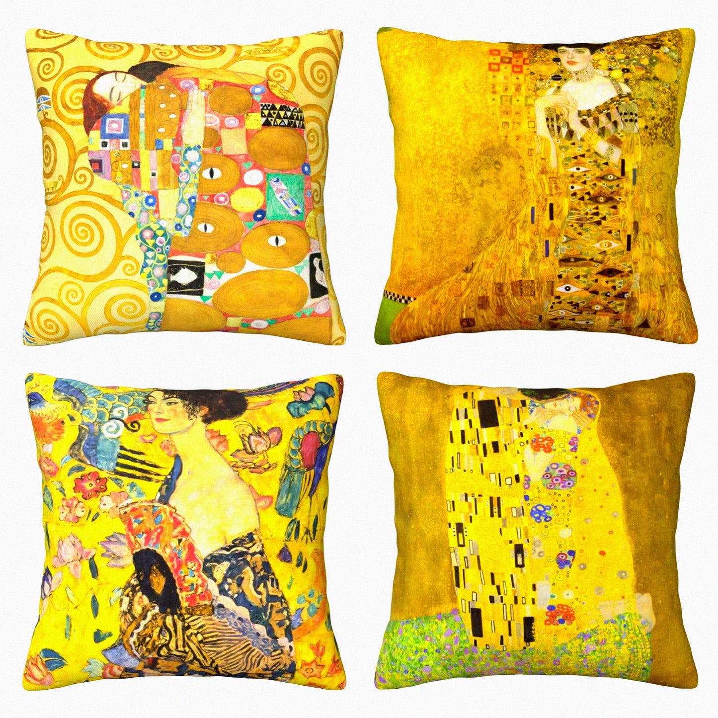 Golden Kiss Pillowcase Collection - Set of 4 Square Decorative Cushion Covers for Sofa, Couch, Bed - 18x18 Inch Gustav Klimt Painting Theme