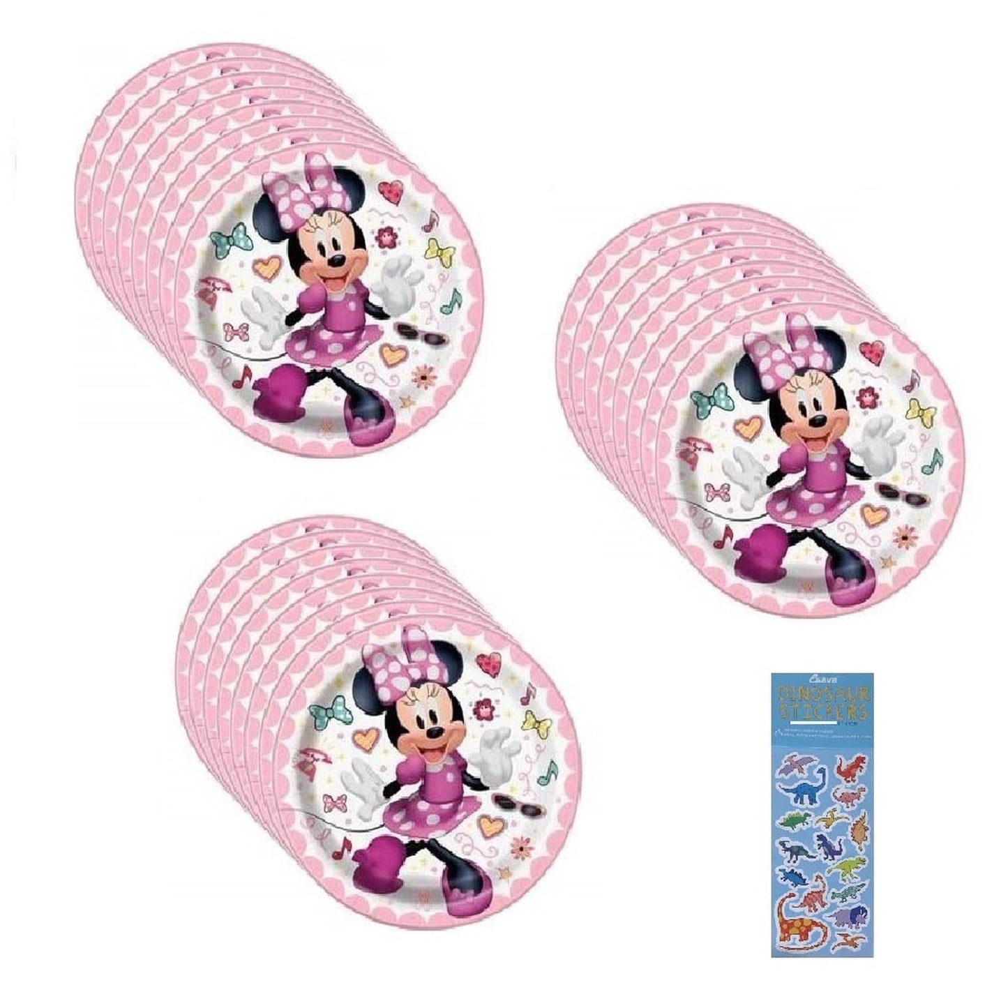 Minnie Dino Party Pack - 24 Dessert Plates & Dinosaur Sticker Sheet Bundle - Perfect for Birthday Parties, Events, and Celebrations!