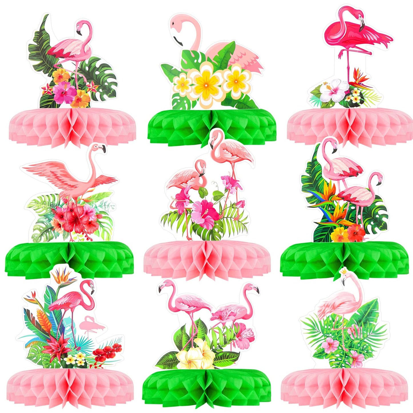 Tropical Flamingo Honeycomb Centerpieces - Set of 9 | Aloha Luau Party Table Decor | Summer Party Toppers for Kids Birthday Supplies