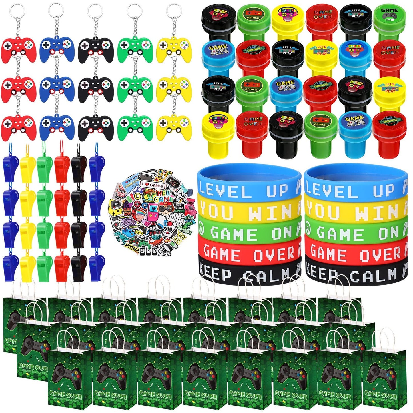 Game On Party Pack - 154 Pcs Video Game Favors Set for Kids! Includes Keychains, Bracelets, Wristbands, Stickers, Whistles, and Treat Bags. Perfect for Gamer Boys Birthday Goodie Bags!