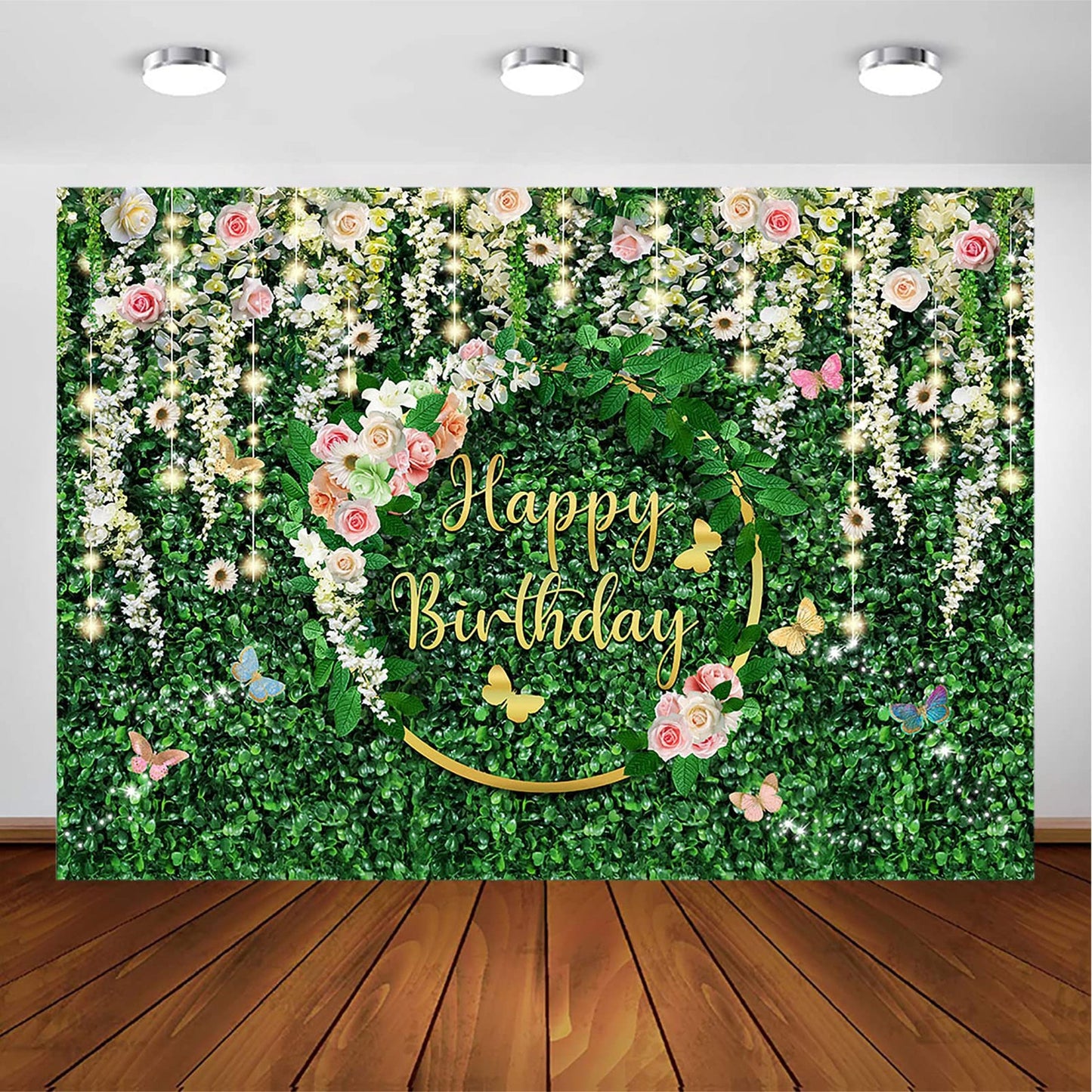Greenery Jungle Birthday Backdrop - Perfect for Safari-themed parties! This 7x5ft backdrop features lush green leaves and floral accents, ideal for women and girls' birthday celebrations. Create a stunning photoshoot background with this vibrant banner.