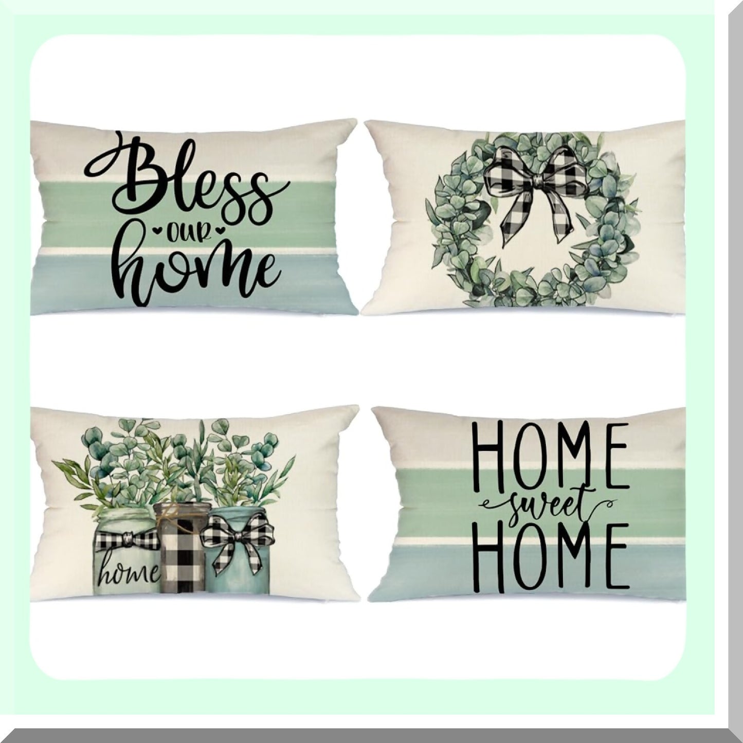 Eucalyptus Blessing Pillow Covers - Set of 4 Buffalo Plaid Cushion Cases for Home Sweet Home Decor. Spring Farmhouse Decor for Couch Sofa.