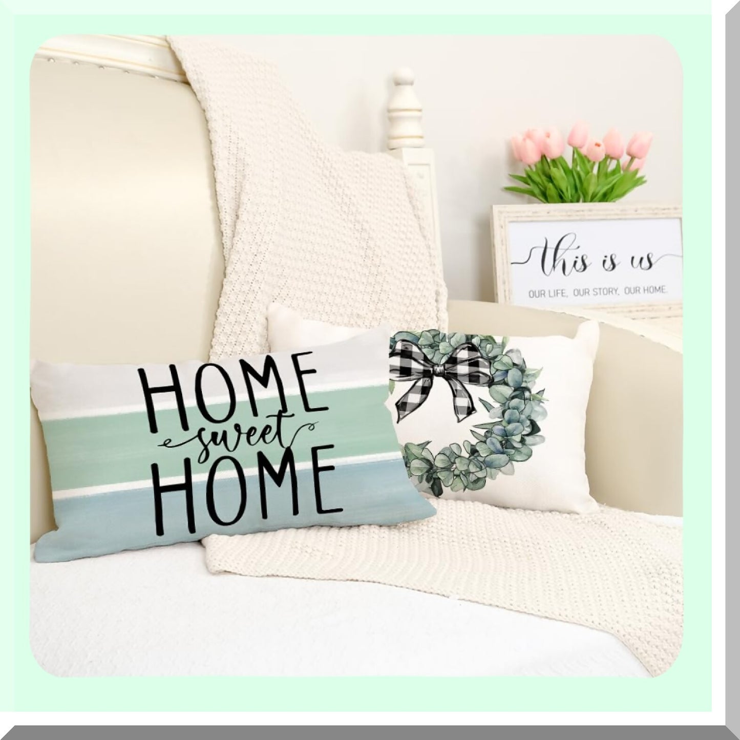 Eucalyptus Blessing Pillow Covers - Set of 4 Buffalo Plaid Cushion Cases for Home Sweet Home Decor. Spring Farmhouse Decor for Couch Sofa.