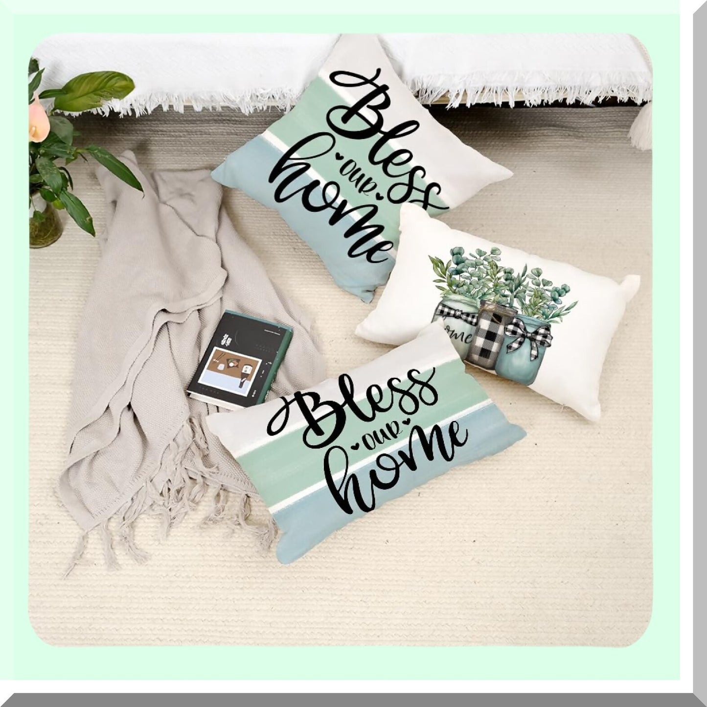 Eucalyptus Blessing Pillow Covers - Set of 4 Buffalo Plaid Cushion Cases for Home Sweet Home Decor. Spring Farmhouse Decor for Couch Sofa.