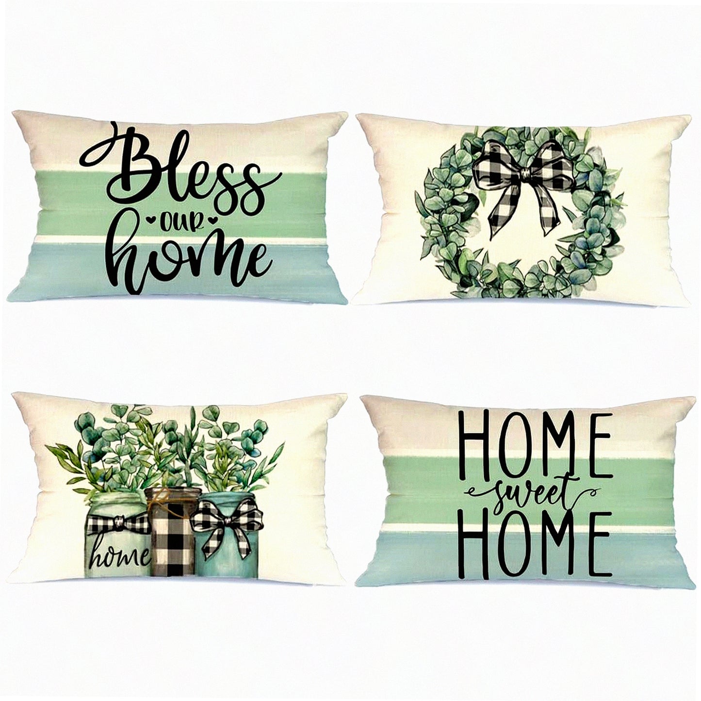 Eucalyptus Blessing Pillow Covers - Set of 4 Buffalo Plaid Cushion Cases for Home Sweet Home Decor. Spring Farmhouse Decor for Couch Sofa.