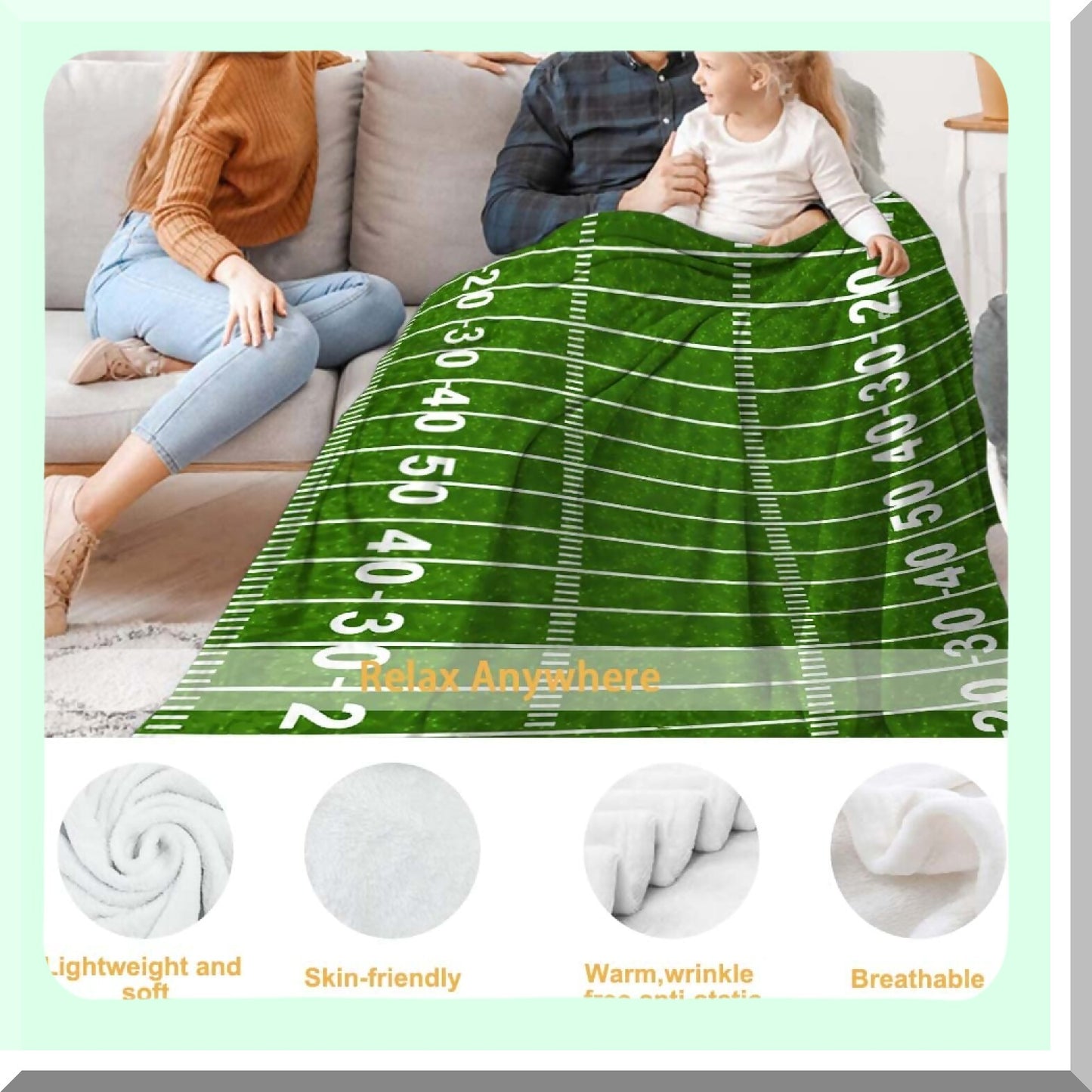EverCozy Flannel Fleece Blanket - Football Field Green Throw for Bedroom, Couch, Travel - All Season Comfort for Adults & Kids, 80"x60""