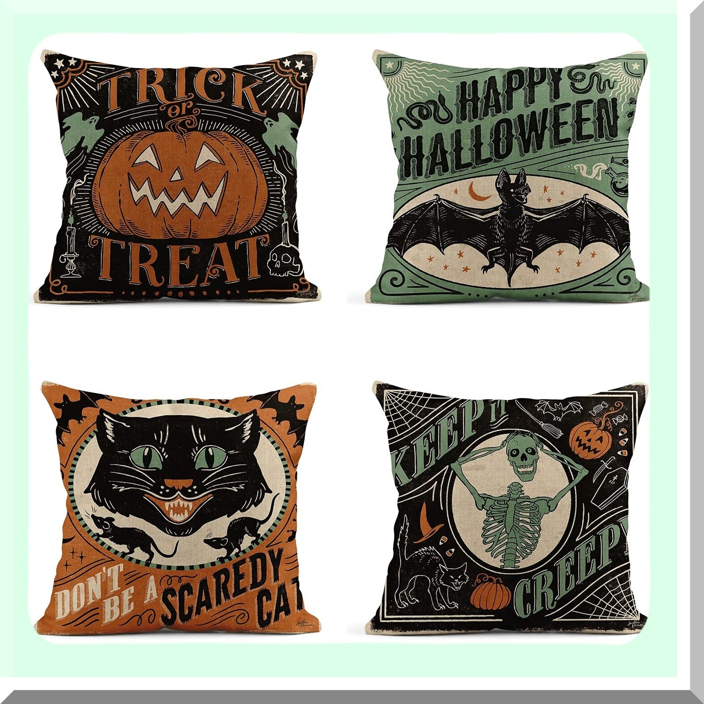 Vintage Halloween Linen Pillow Covers - Set of 4 Scaredy Cats Pumpkins Skeletons Decorative Cushion Cases 18x18 Inch for Sofa Bed Couch