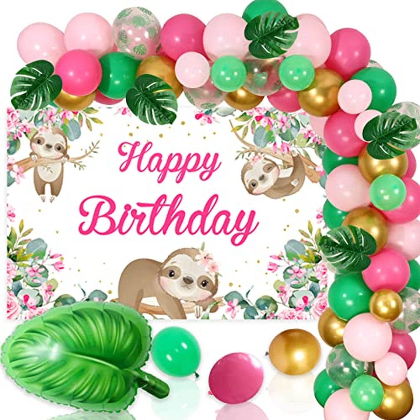Sloth Jungle Party Pack - Pink Balloon Garland & Turtle Palm Leaf Backdrop with F Balloon for Girls Birthday Decorations. Perfect for a fun Sloth Theme!