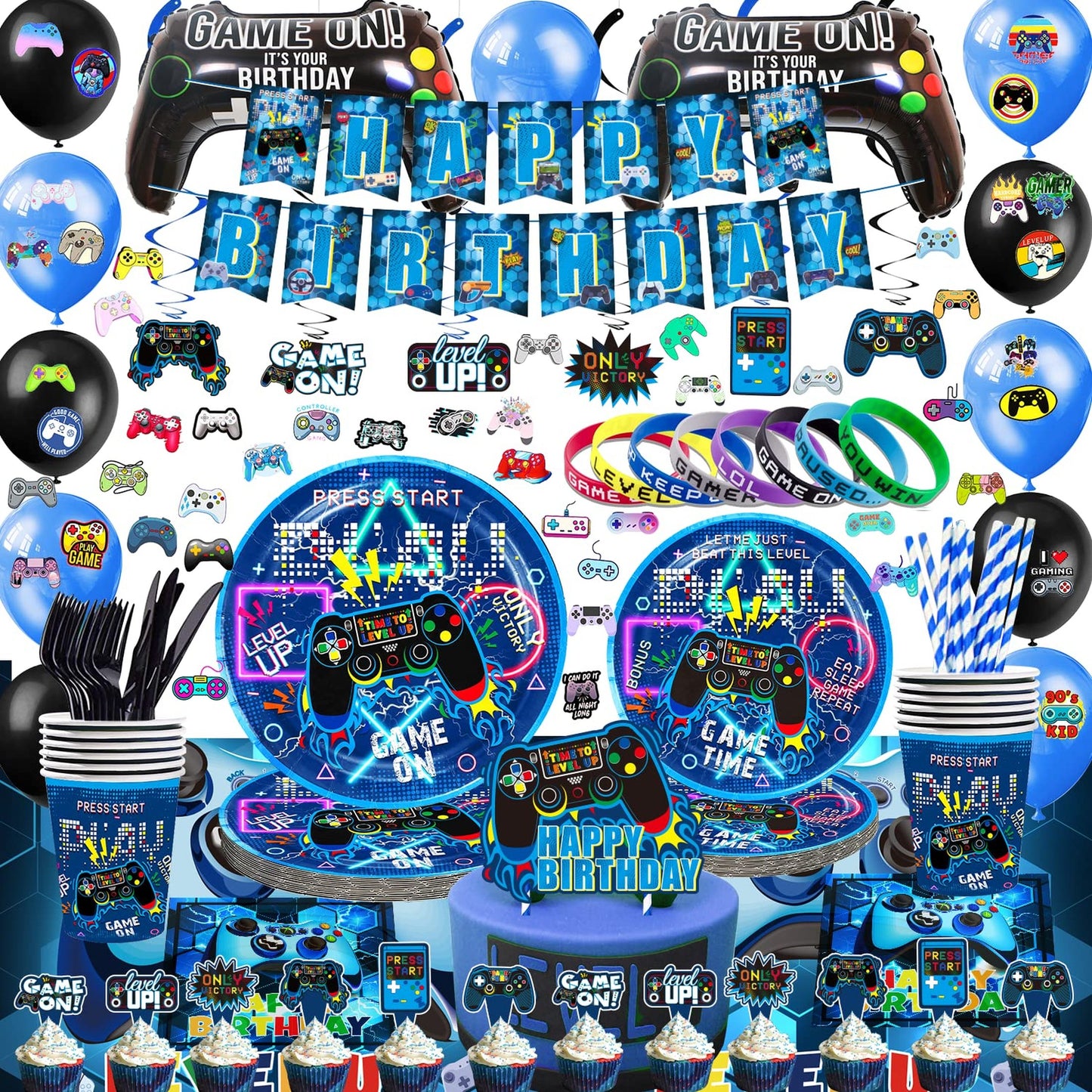Blue Gamer Party Pack - 270Pcs Video Game Supplies for Boys Birthday - Table Cover, Plates, Cups, Napkins, Utensils, Stickers, Bracelets - Serves 16