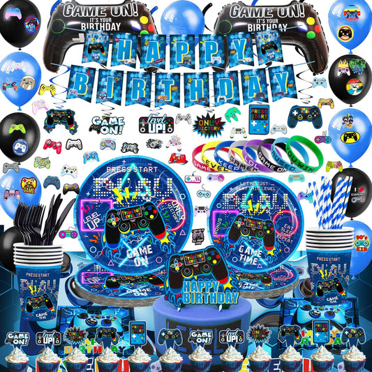 Blue Gamer Party Pack - 270Pcs Video Game Supplies for Boys Birthday - Table Cover, Plates, Cups, Napkins, Utensils, Stickers, Bracelets - Serves 16