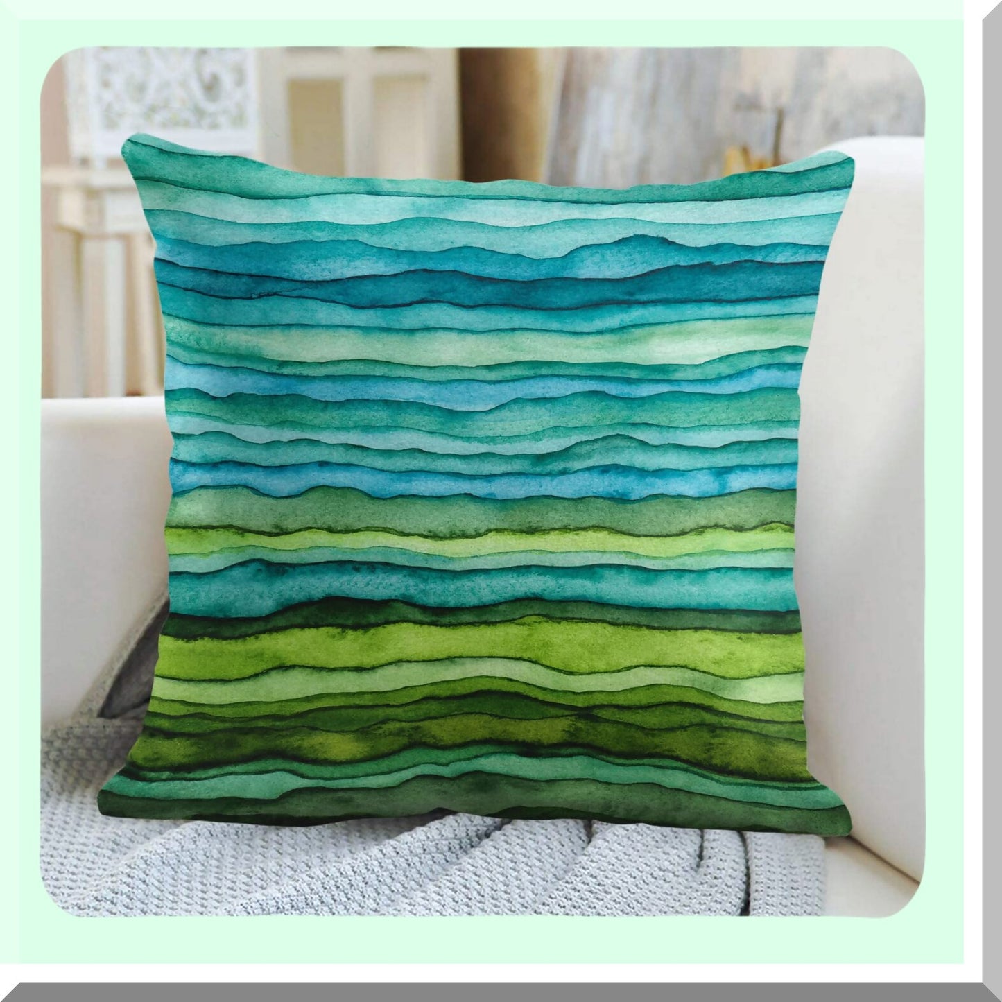 WaveBrush Dye Decor Pillowcase - Abstract Bright Blue Green Striped Watercolor Hand Drawn Cover for Home Decor Square 18x18 Inches