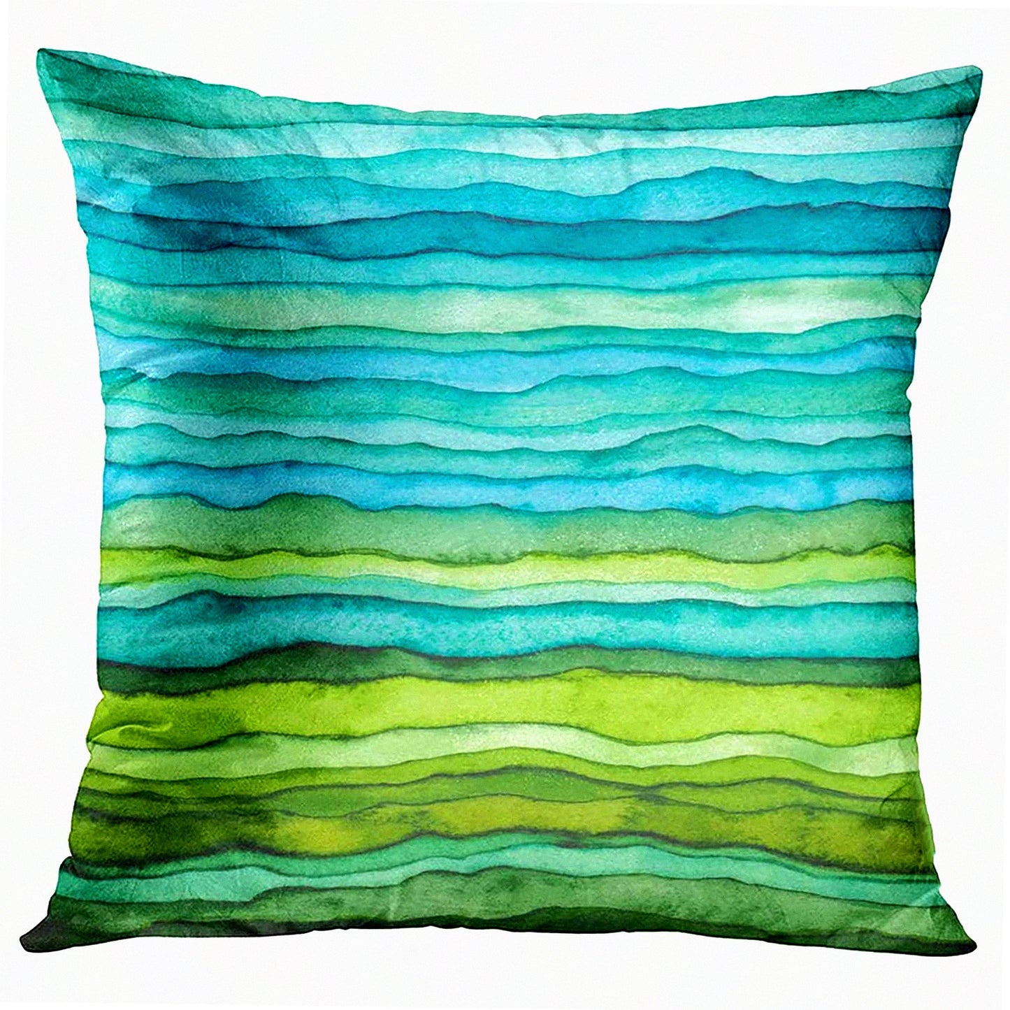WaveBrush Dye Decor Pillowcase - Abstract Bright Blue Green Striped Watercolor Hand Drawn Cover for Home Decor Square 18x18 Inches