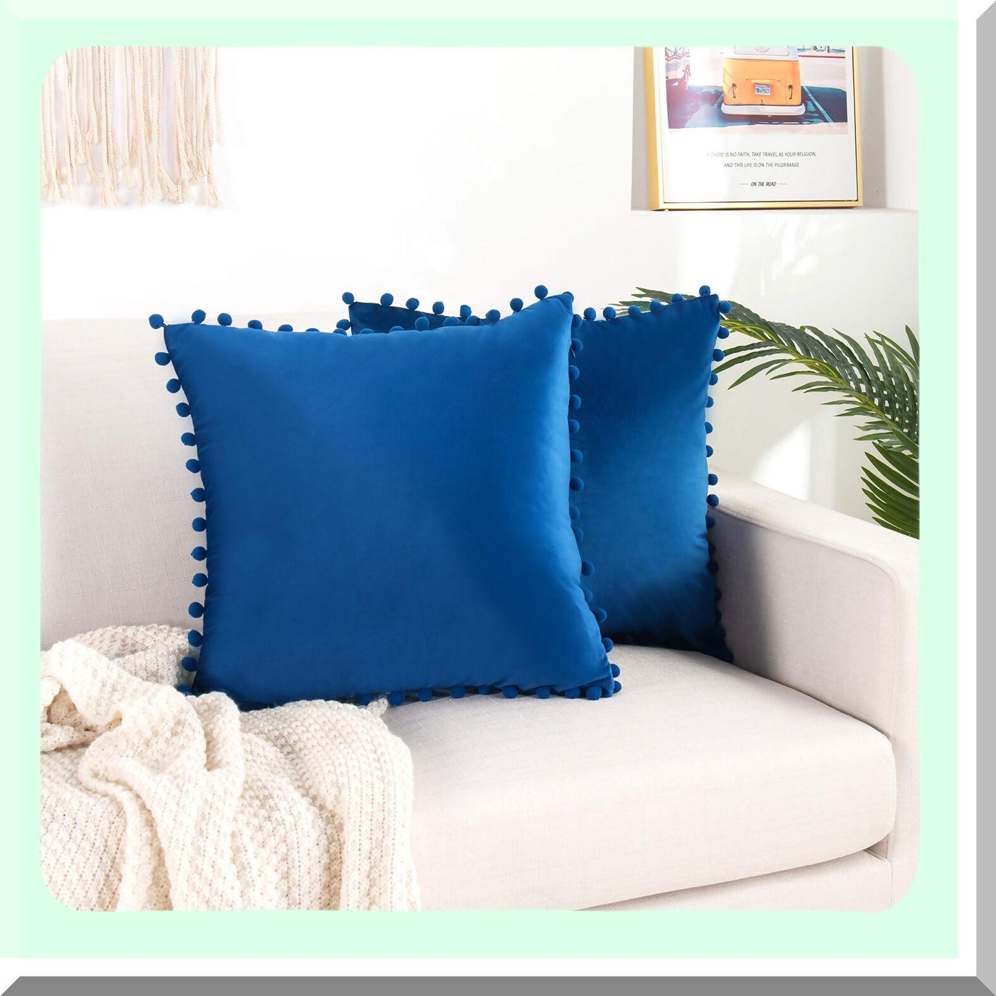 Royal Velvet Fringe Cushion Covers - Set of 2 | Soft Decorative Throw Pillow Cases for Couch & Bed | 18 x 18 Inch | POM-POMS Square Livingroom Cushion Case