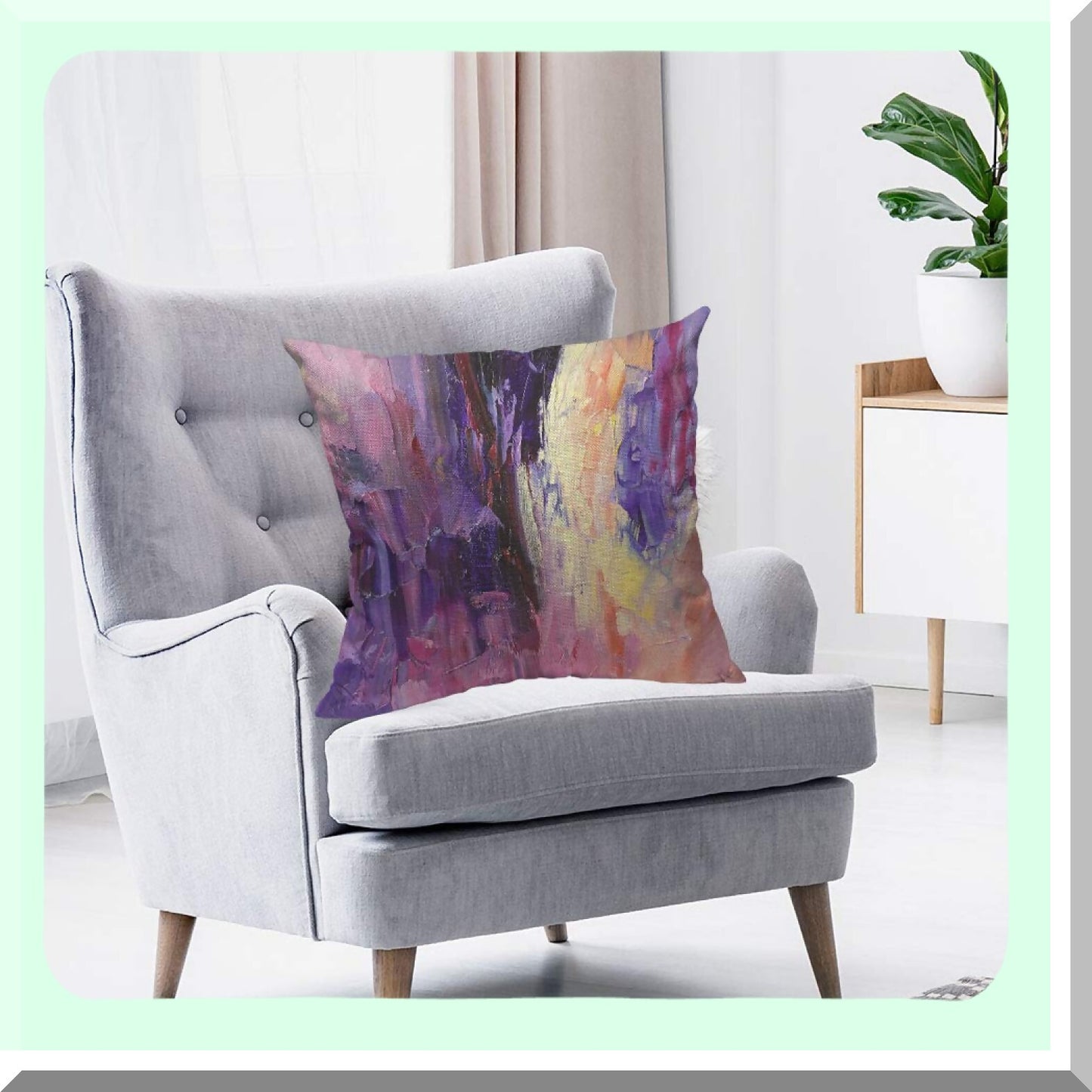 Violet Texture Painting Knife Throw Pillow - Colorful Cotton Linen Cushion Cover for Home Sofa Decor - Purple Yellow 20x20 Inch