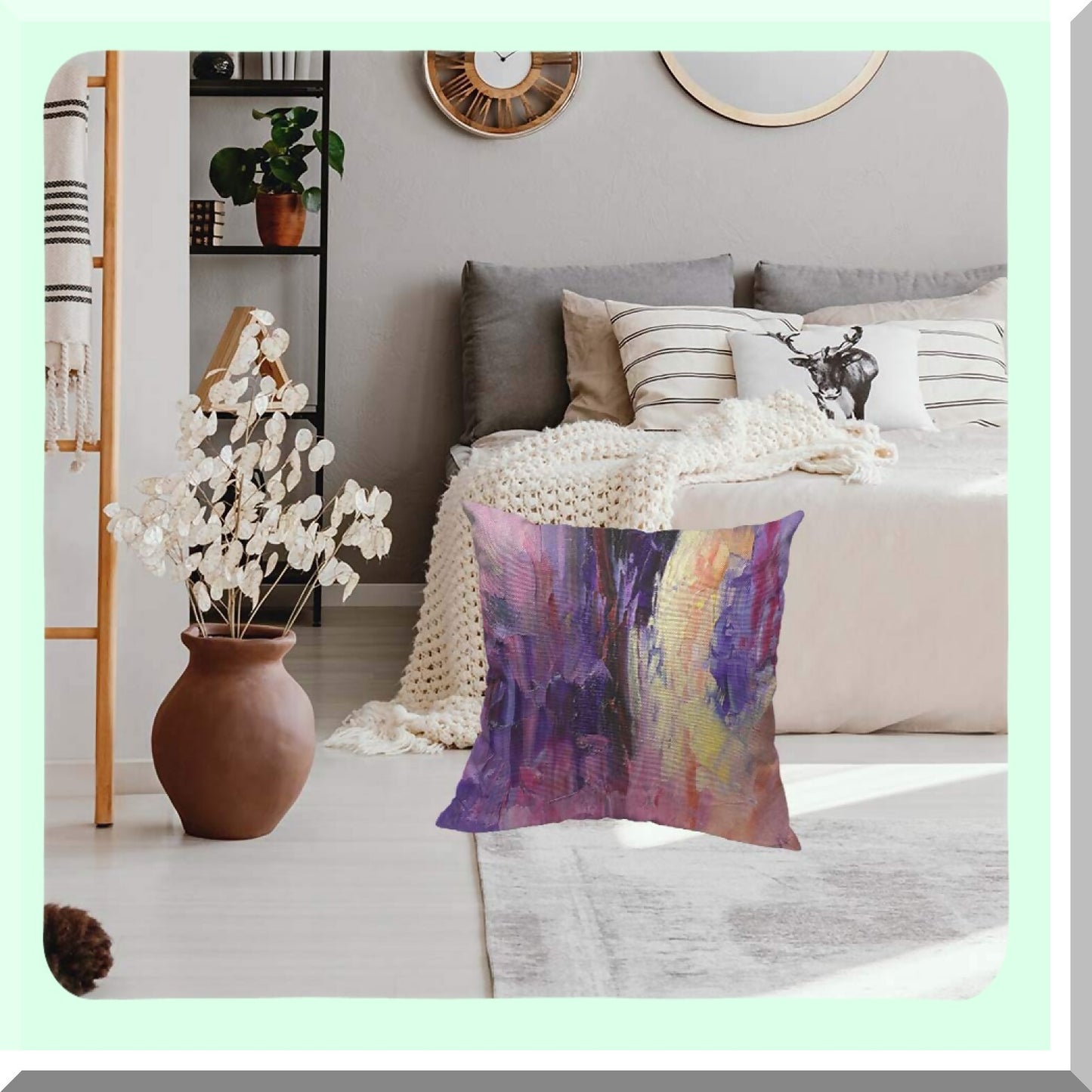 Violet Texture Painting Knife Throw Pillow - Colorful Cotton Linen Cushion Cover for Home Sofa Decor - Purple Yellow 20x20 Inch