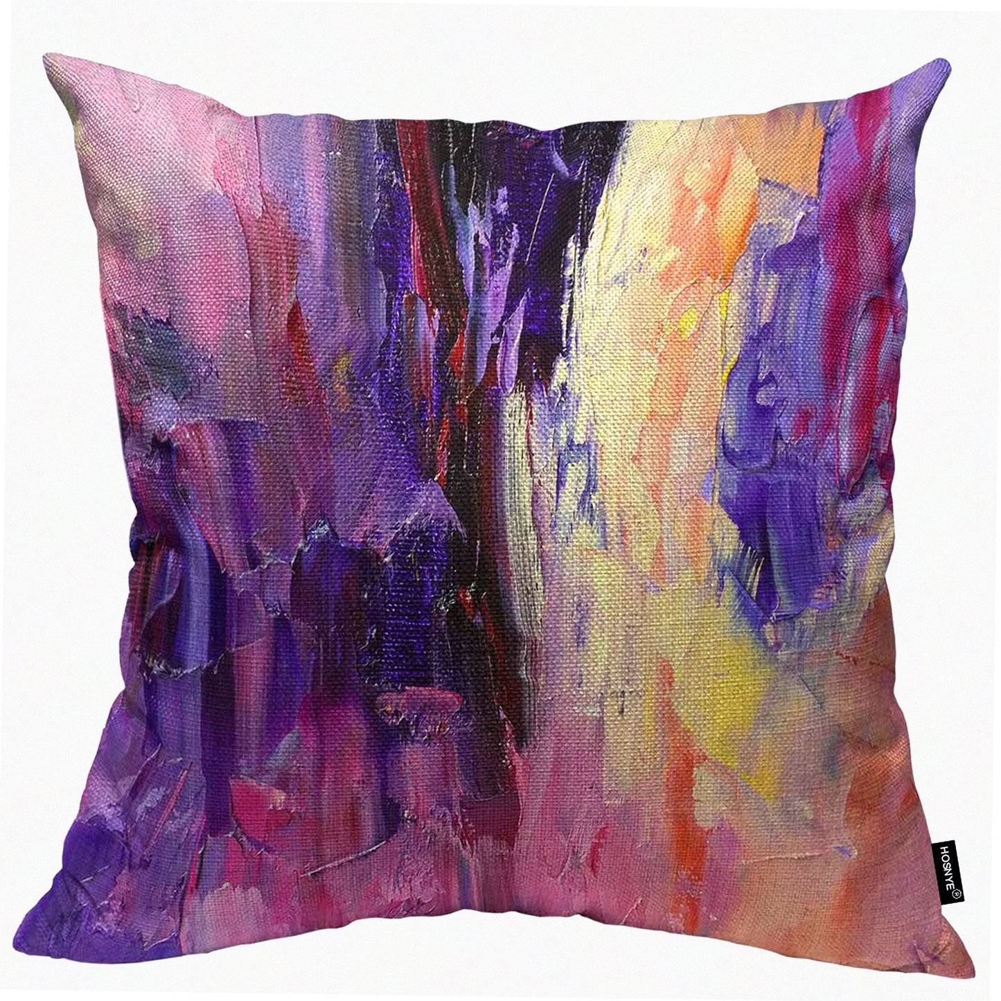 Violet Texture Painting Knife Throw Pillow - Colorful Cotton Linen Cushion Cover for Home Sofa Decor - Purple Yellow 20x20 Inch