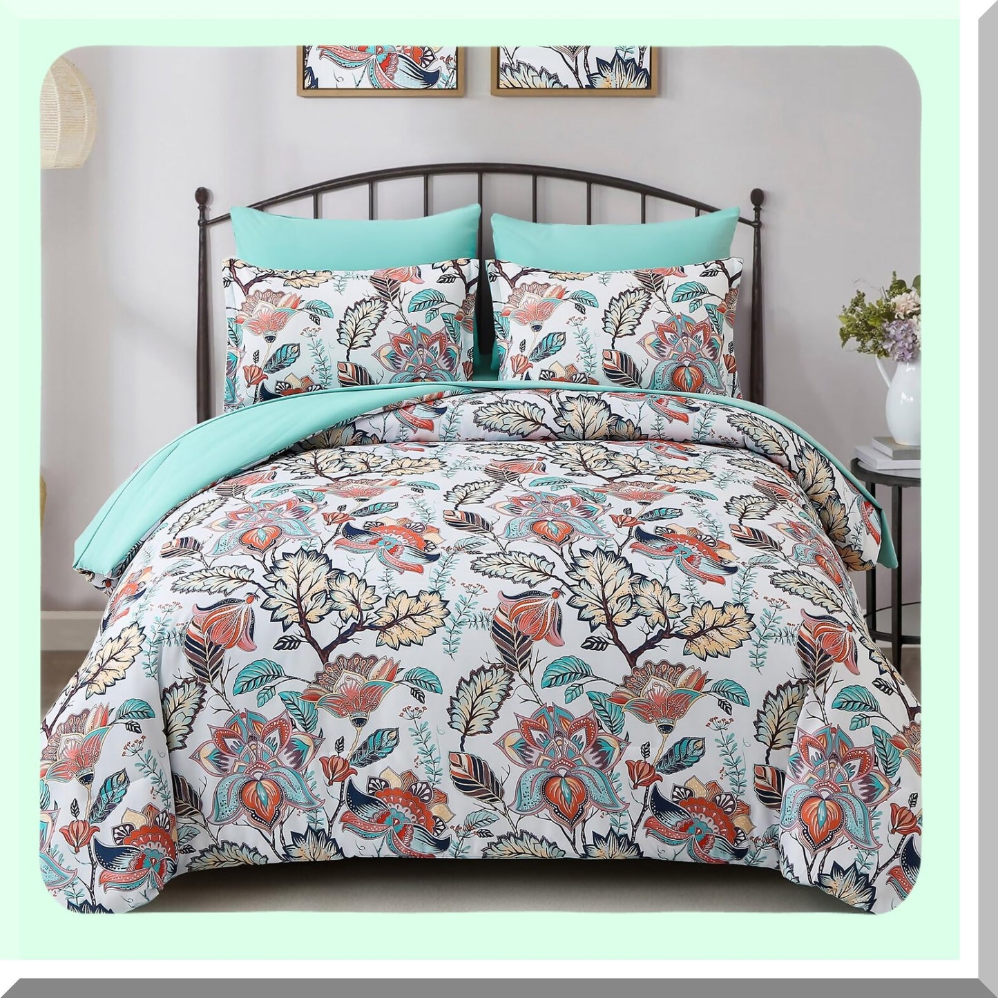 Botanical Bliss 7-Piece Floral Comforter Set - Green & Burnt Orange Bed in A Bag with Butterfly Design - Includes Comforter, Sheets, Pillowcases & Shams