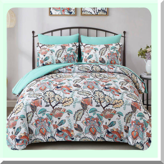 Botanical Bliss 7-Piece Floral Comforter Set - Green & Burnt Orange Bed in A Bag with Butterfly Design - Includes Comforter, Sheets, Pillowcases & Shams