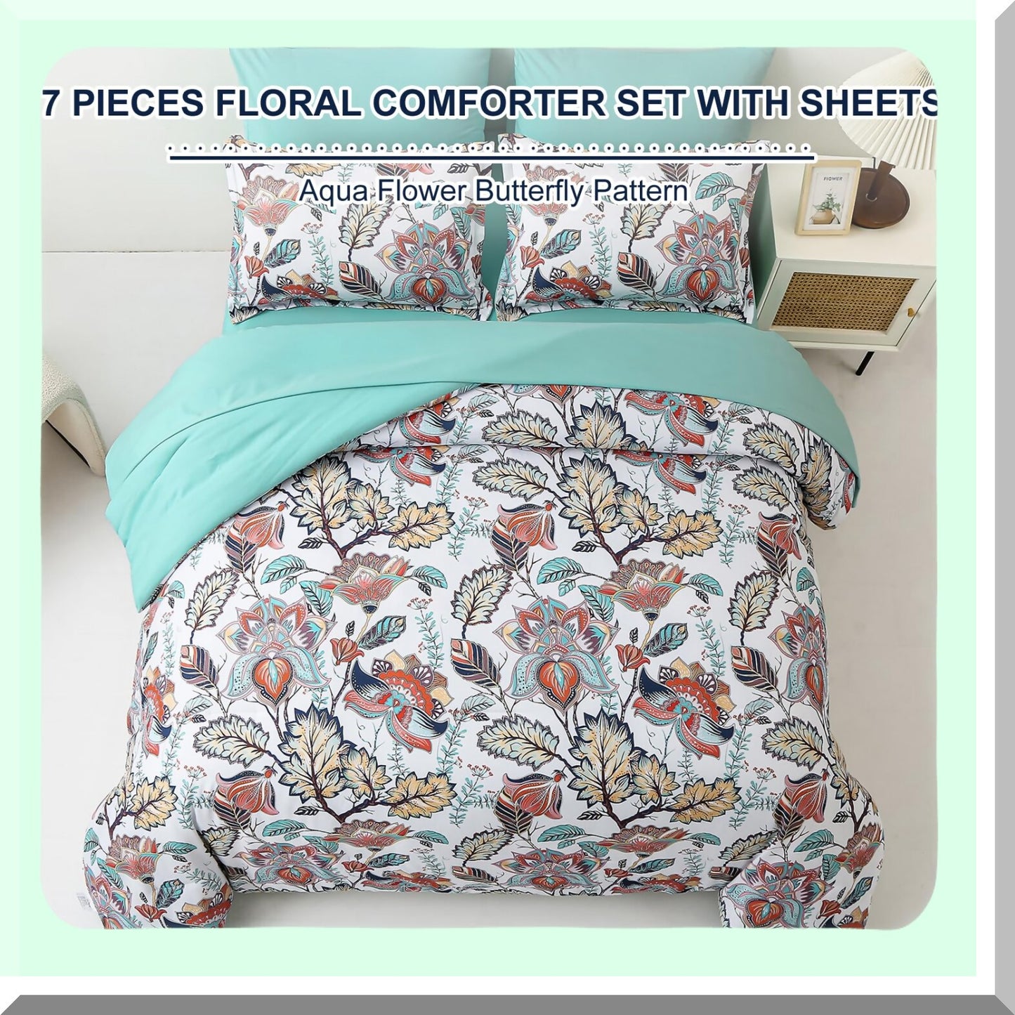 Botanical Bliss 7-Piece Floral Comforter Set - Green & Burnt Orange Bed in A Bag with Butterfly Design - Includes Comforter, Sheets, Pillowcases & Shams