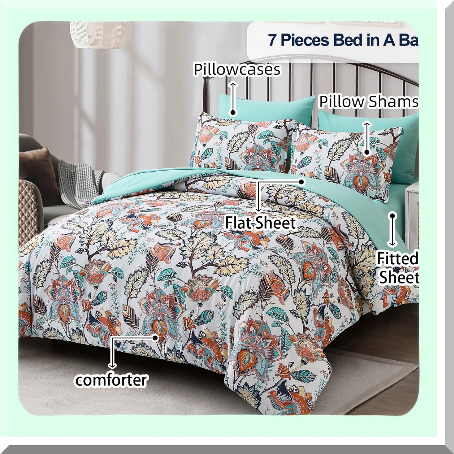Botanical Bliss 7-Piece Floral Comforter Set - Green & Burnt Orange Bed in A Bag with Butterfly Design - Includes Comforter, Sheets, Pillowcases & Shams