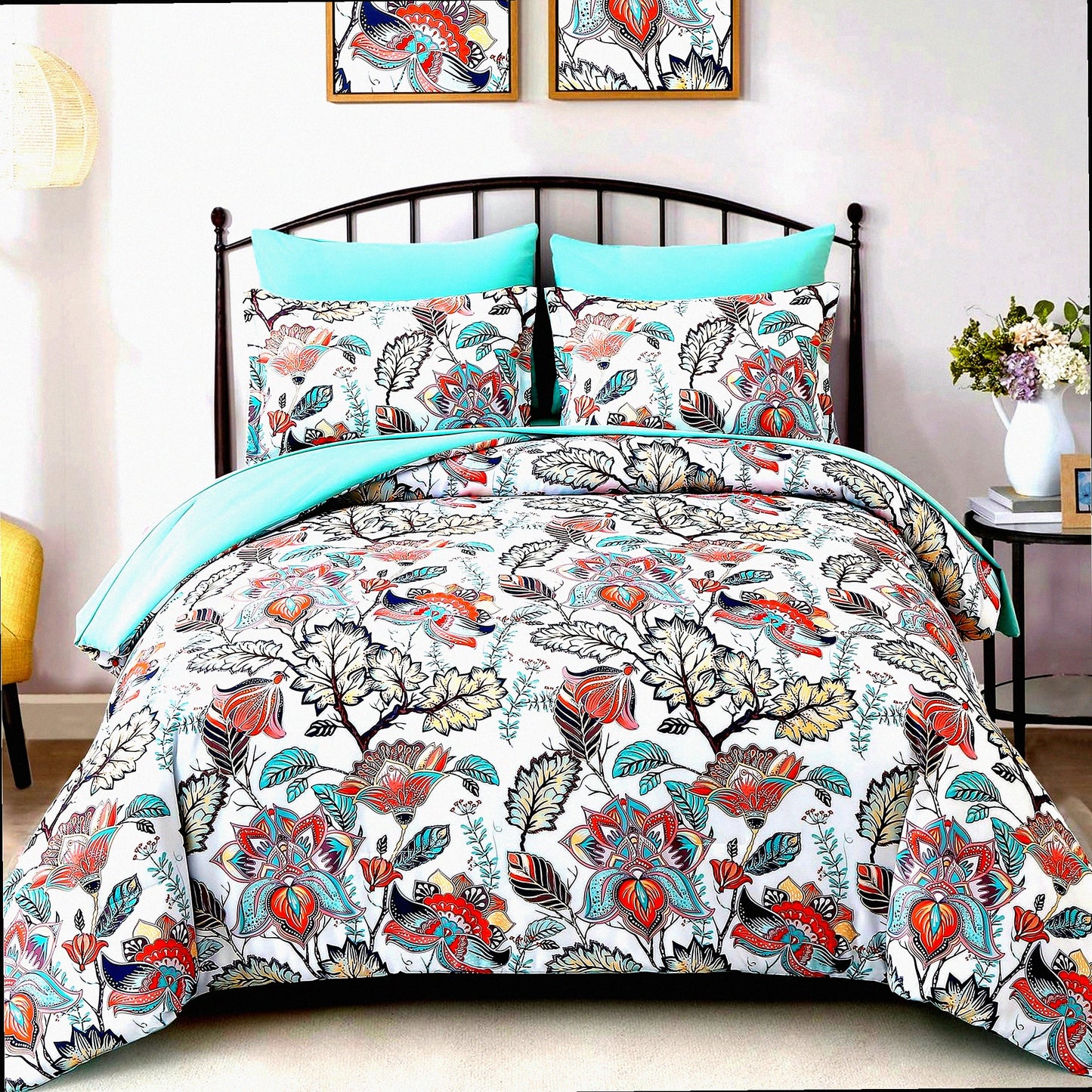 Botanical Bliss 7-Piece Floral Comforter Set - Green & Burnt Orange Bed in A Bag with Butterfly Design - Includes Comforter, Sheets, Pillowcases & Shams