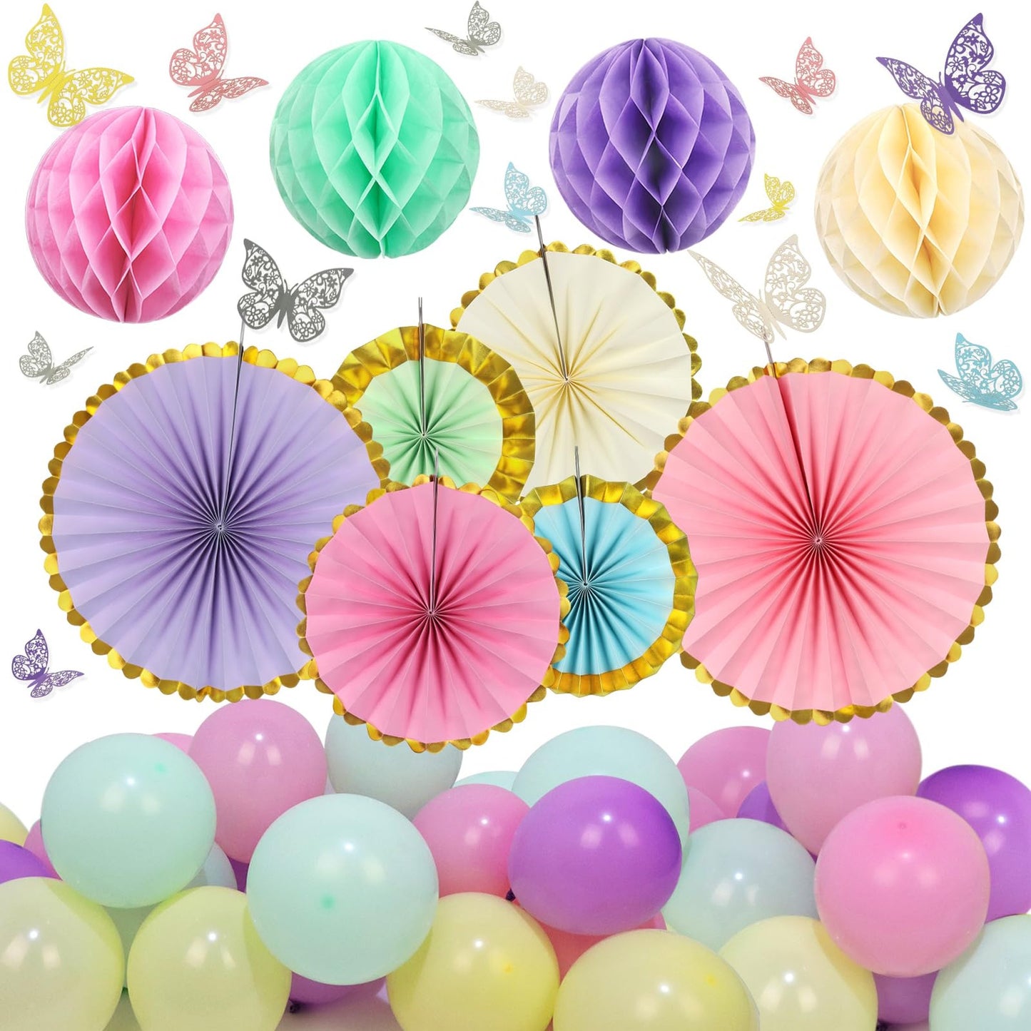 Pastel Flutter Party Pack - 3D Butterfly Wall Decor, Colorful Paper Fans, Honeycomb Pompoms, Balloons - Ideal for Kids, Baby Shower, Birthday Parties