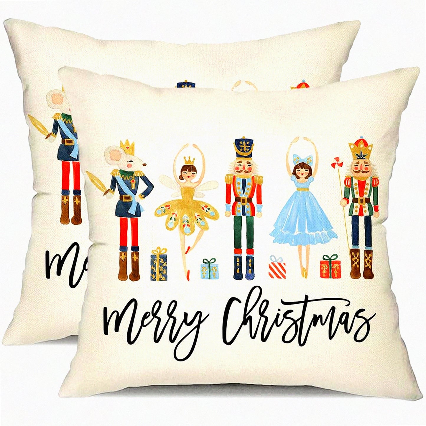 Winter Wonderland Nutcracker Throw Pillow Cover Set - Festive Holiday Party Decor for Sofa Couch - 18x18 Inch Cushion Case - Pack of 2