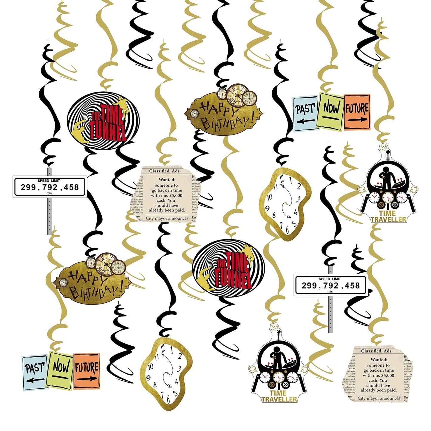 Time Warp Swirls - Fun Time Travel Theme Hanging Danglers for Birthday Parties, Graduations, and Anniversaries. Create a Time Tunnel of Excitement!