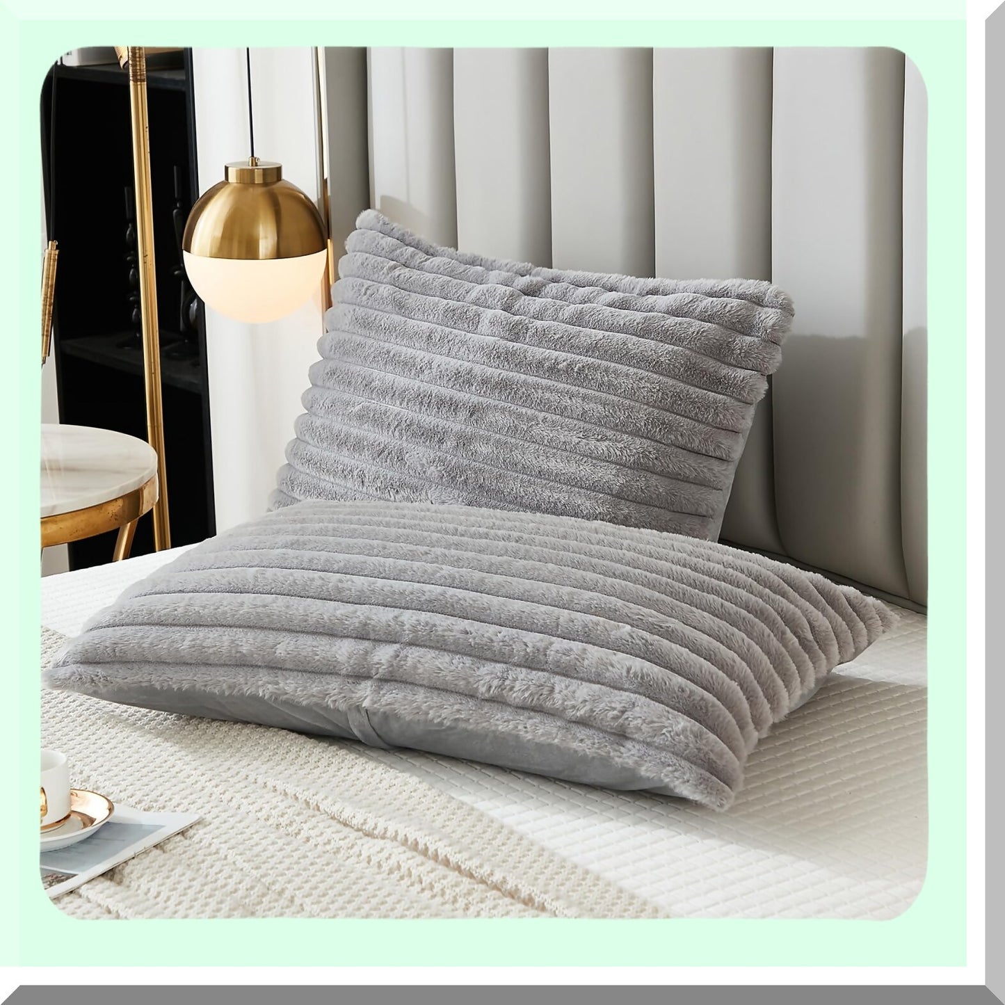 Striped Rabbit Velvet Back Pillowcase Set - Modern Lumbar Pillow Covers Shams for Home Decor - Light Gray Rectangle Bedding, 20 x 26 Inch
