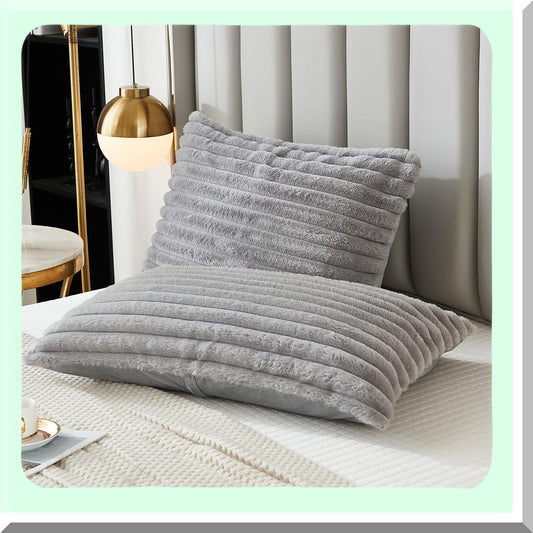 Striped Rabbit Velvet Back Pillowcase Set - Modern Lumbar Pillow Covers Shams for Home Decor - Light Gray Rectangle Bedding, 20 x 26 Inch