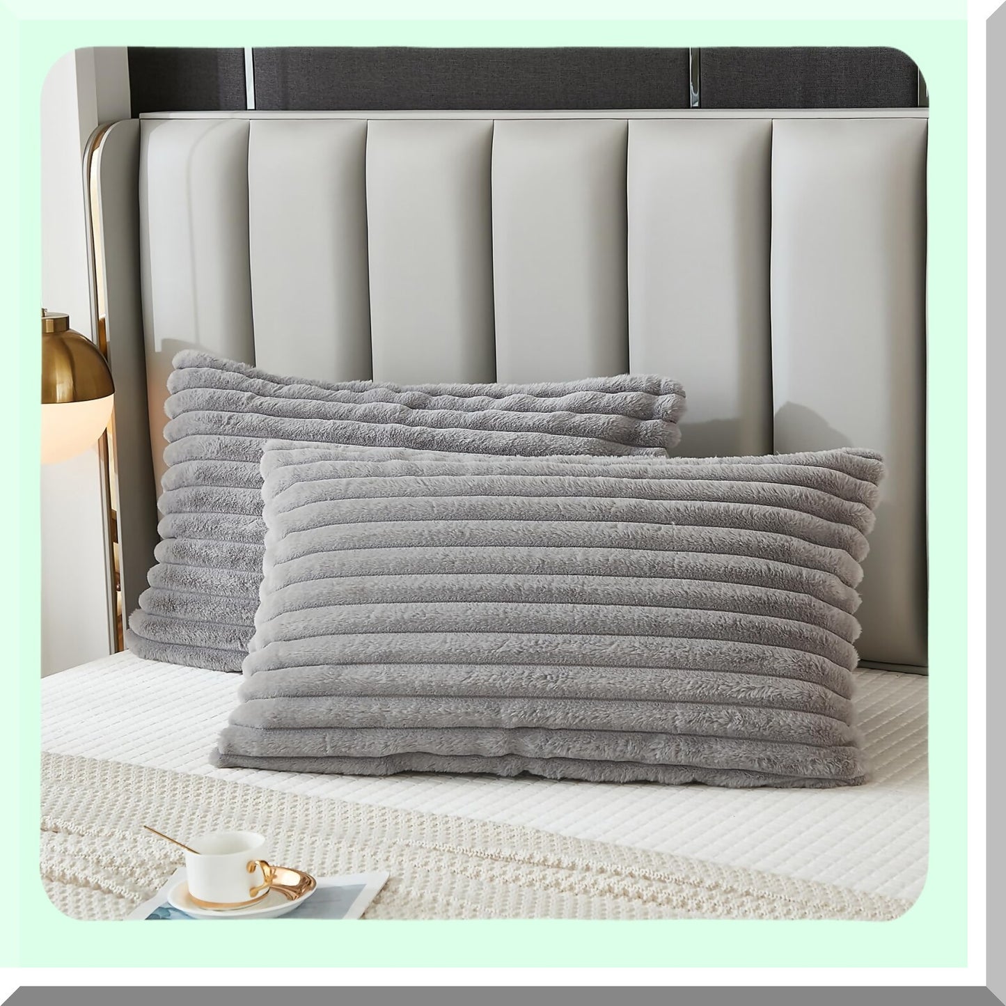 Striped Rabbit Velvet Back Pillowcase Set - Modern Lumbar Pillow Covers Shams for Home Decor - Light Gray Rectangle Bedding, 20 x 26 Inch