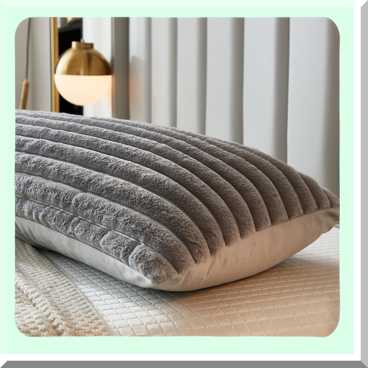 Striped Rabbit Velvet Back Pillowcase Set - Modern Lumbar Pillow Covers Shams for Home Decor - Light Gray Rectangle Bedding, 20 x 26 Inch