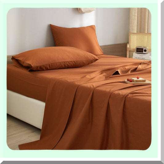 Rustic Pumpkin Caramel Queen Bed Sheets Set - Deep Pocket Microfiber Cooling Bedding with Pillowcases - Soft Washed Easy Fit Solid Rust Color Sheets
