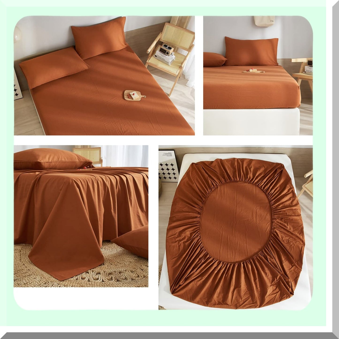 Rustic Pumpkin Caramel Queen Bed Sheets Set - Deep Pocket Microfiber Cooling Bedding with Pillowcases - Soft Washed Easy Fit Solid Rust Color Sheets