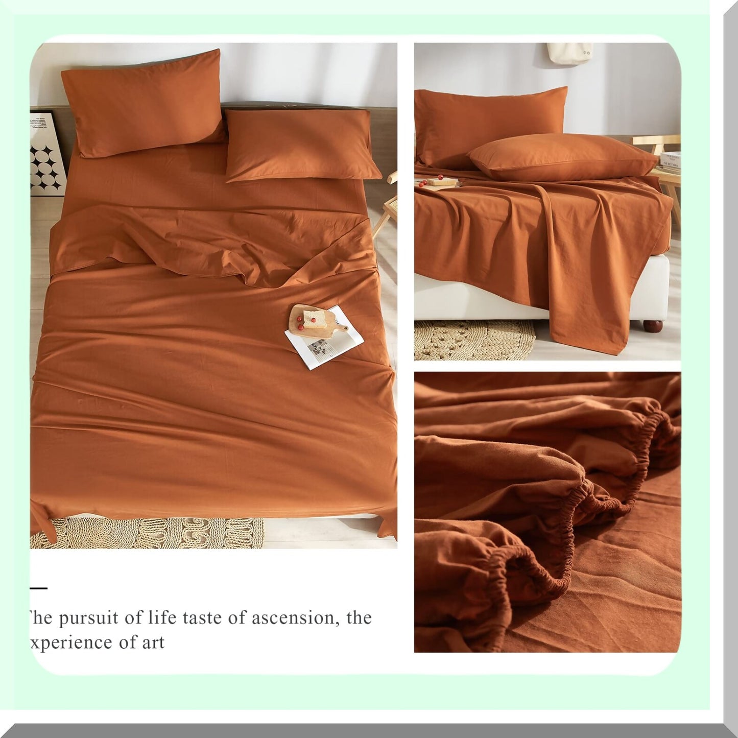 Rustic Pumpkin Caramel Queen Bed Sheets Set - Deep Pocket Microfiber Cooling Bedding with Pillowcases - Soft Washed Easy Fit Solid Rust Color Sheets